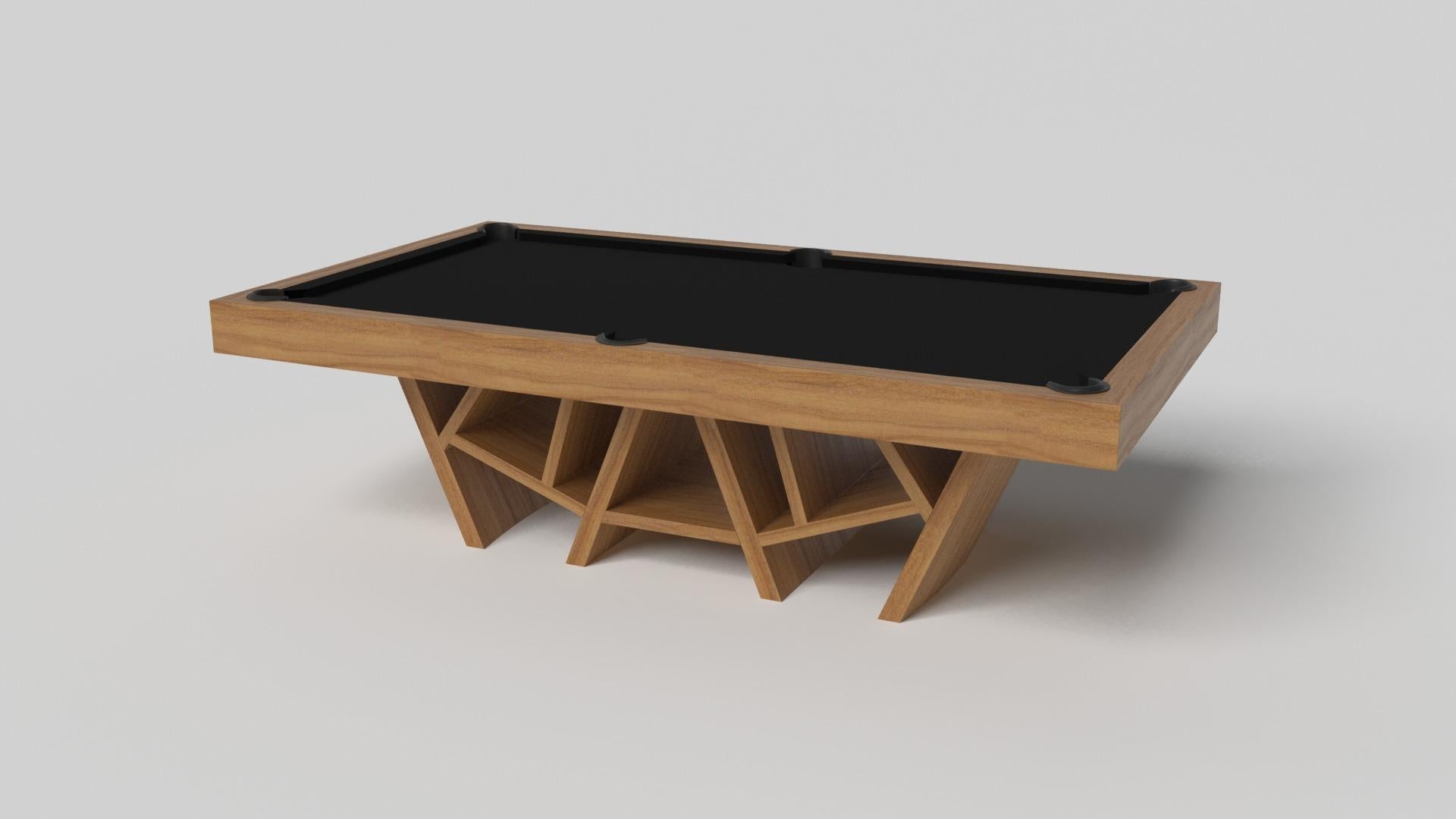 With a combination of acute angles, smooth lines, and geometric configurations, the Maze pool table in walnut is characterized by a labyrinth-inspired base with a mystifying motif. Beautifully detailed with a smooth black top for game play, this