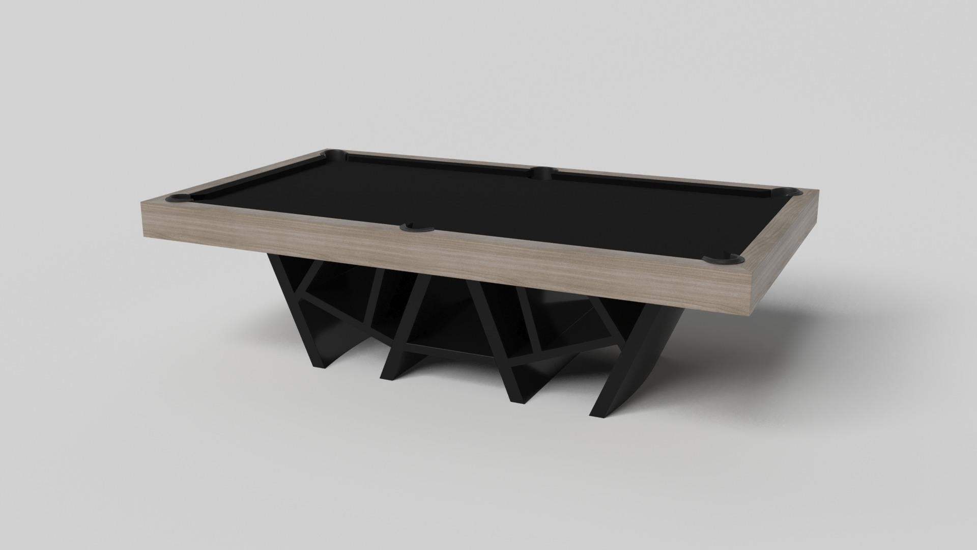 With a combination of acute angles, smooth lines, and geometric configurations, the Maze pool table in walnut is characterized by a labyrinth-inspired base with a mystifying motif. Beautifully detailed with a smooth black top for game play, this