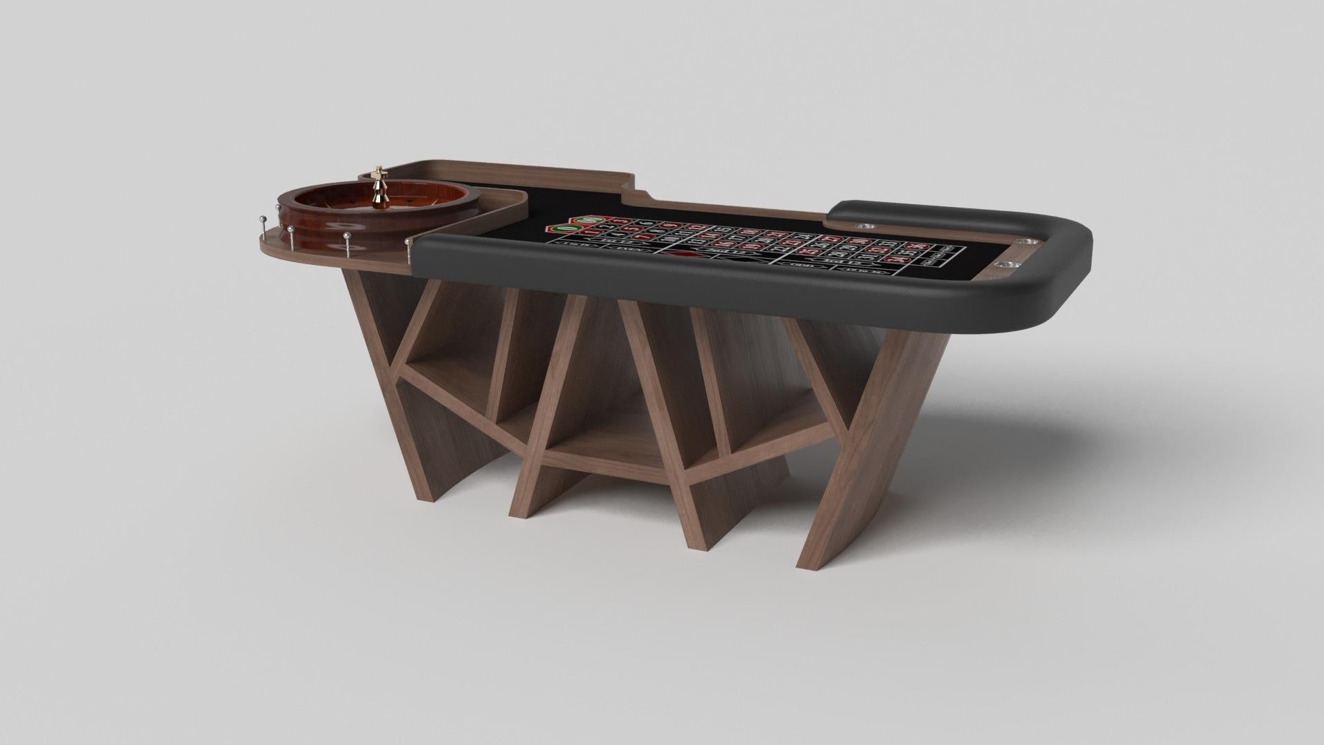 With a combination of acute angles, smooth lines, and geometric configurations, the Maze roulette table in walnut is characterized by a labyrinth-inspired base with a mystifying motif. Beautifully detailed with an American roulette wheel for endless