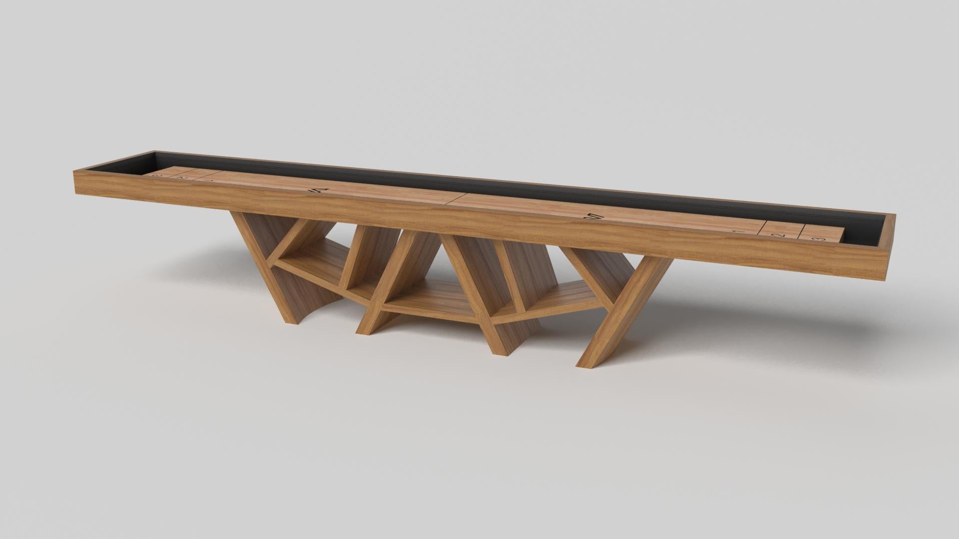 With a combination of acute angles, smooth lines, and geometric configurations, the Maze shuffleboard table in walnut is characterized by a labyrinth-inspired base with a mystifying motif. Beautifully detailed with a smooth black top for game play,