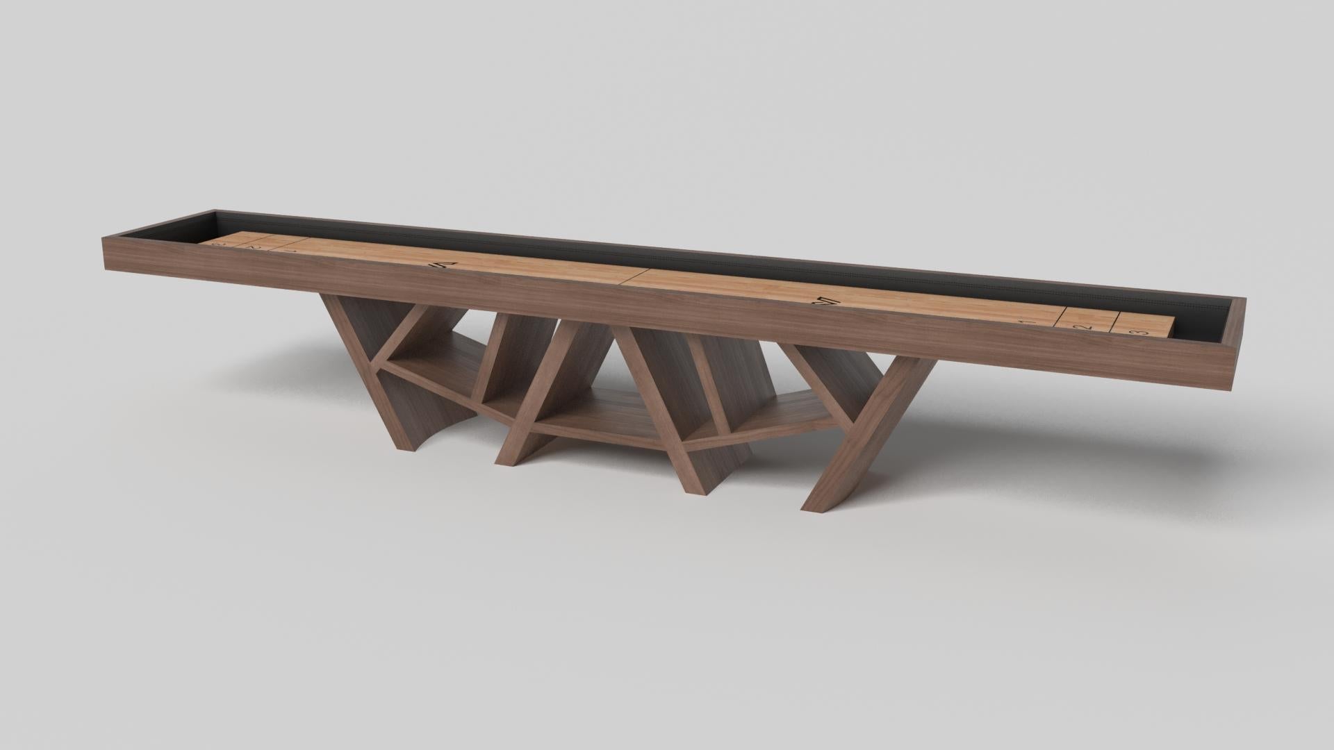 With a combination of acute angles, smooth lines, and geometric configurations, the Maze shuffleboard table in walnut is characterized by a labyrinth-inspired base with a mystifying motif. Beautifully detailed with a smooth black top for game play,