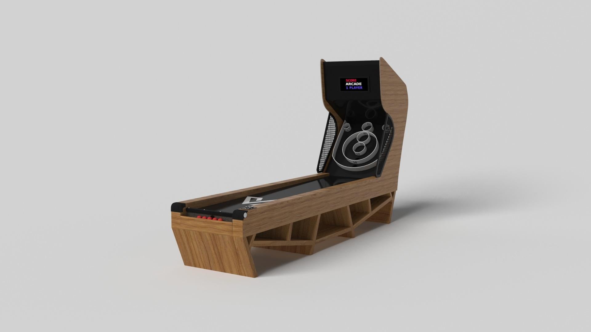 With a combination of acute angles, smooth lines, and geometric configurations, the Maze skeeball game is characterized by a labyrinth-inspired base with a mystifying motif. Detailed with built-in digital components, this luxury wood game exudes