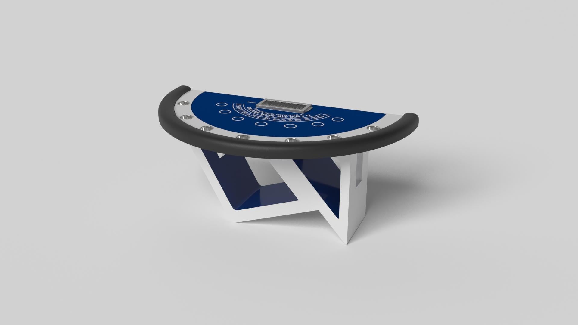 S'inspirant de la beauté des formes géométriques, la table de blackjack Rumba en aluminium brossé se caractérise par une série de formes creuses et solides qui forment une base asymétrique décalée. Agrémentée d'un support à jetons et de cercles de