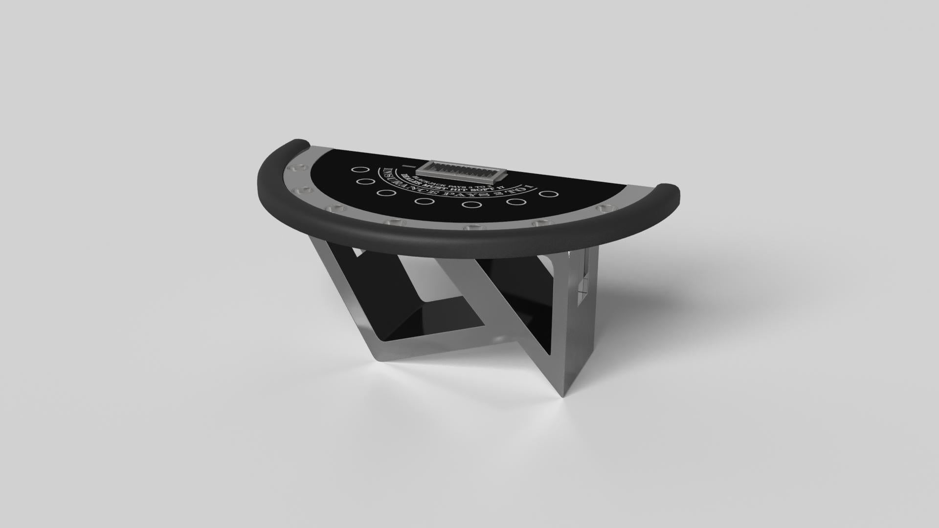 Drawing inspiration from the beauty of geometric forms, the Rumba blackjack table in brushed aluminum is characterized by a series of hollow and solid shapes that form an offset asymmetric base. Accented with a chip rack and betting circles for