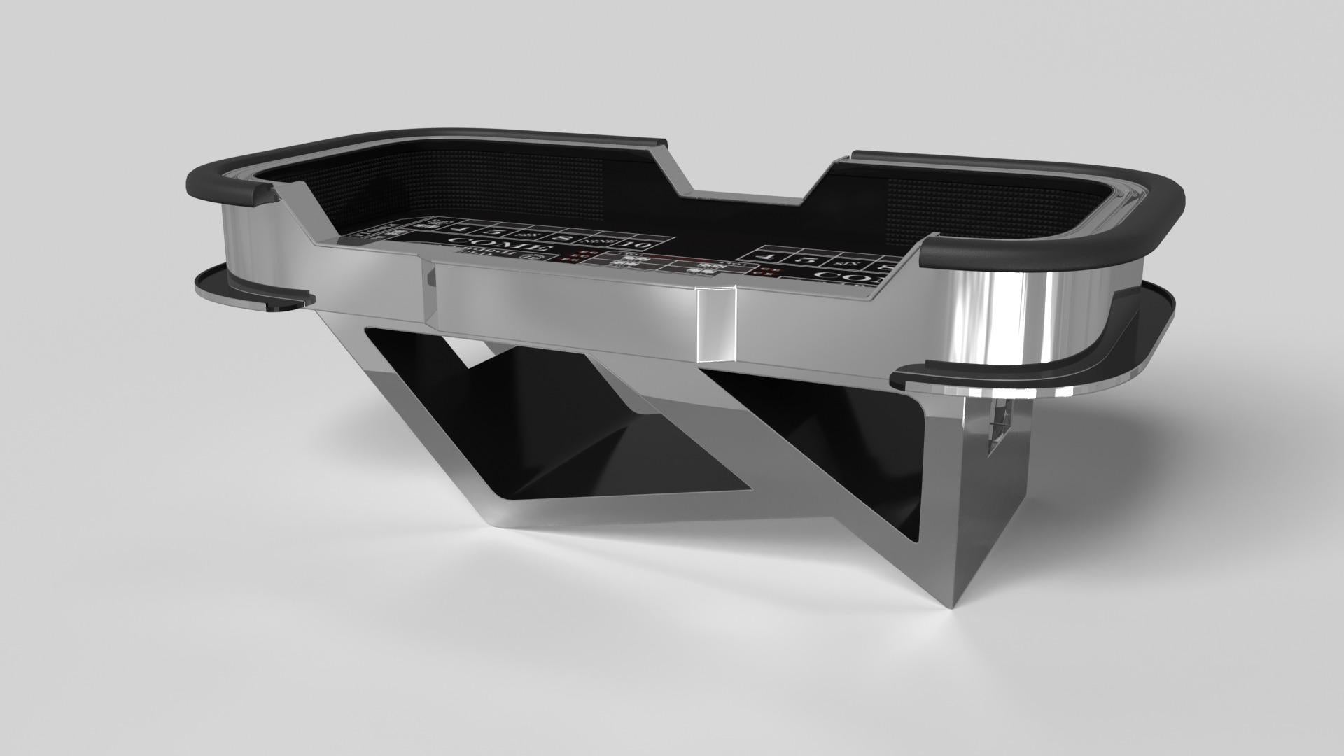 S'inspirant de la beauté des formes géométriques, la table de craps Rumba en aluminium brossé se caractérise par une série de formes creuses et solides qui forment une base asymétrique décalée. Agrémentée de cases de points et de blocs de paris pour