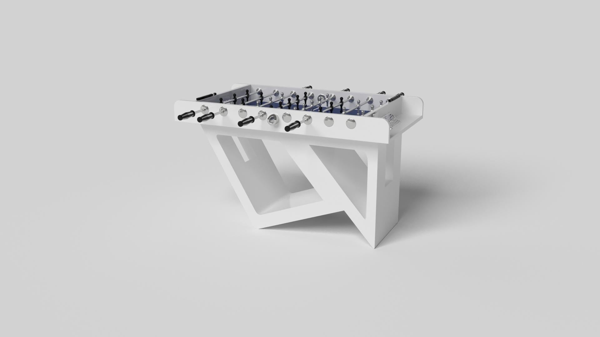 Drawing inspiration from the beauty of geometric forms, the Rumba foosball table in brushed aluminum is characterized by a series of hollow and solid shapes that form an offset asymmetric base. Accented with a high-action top for professional game