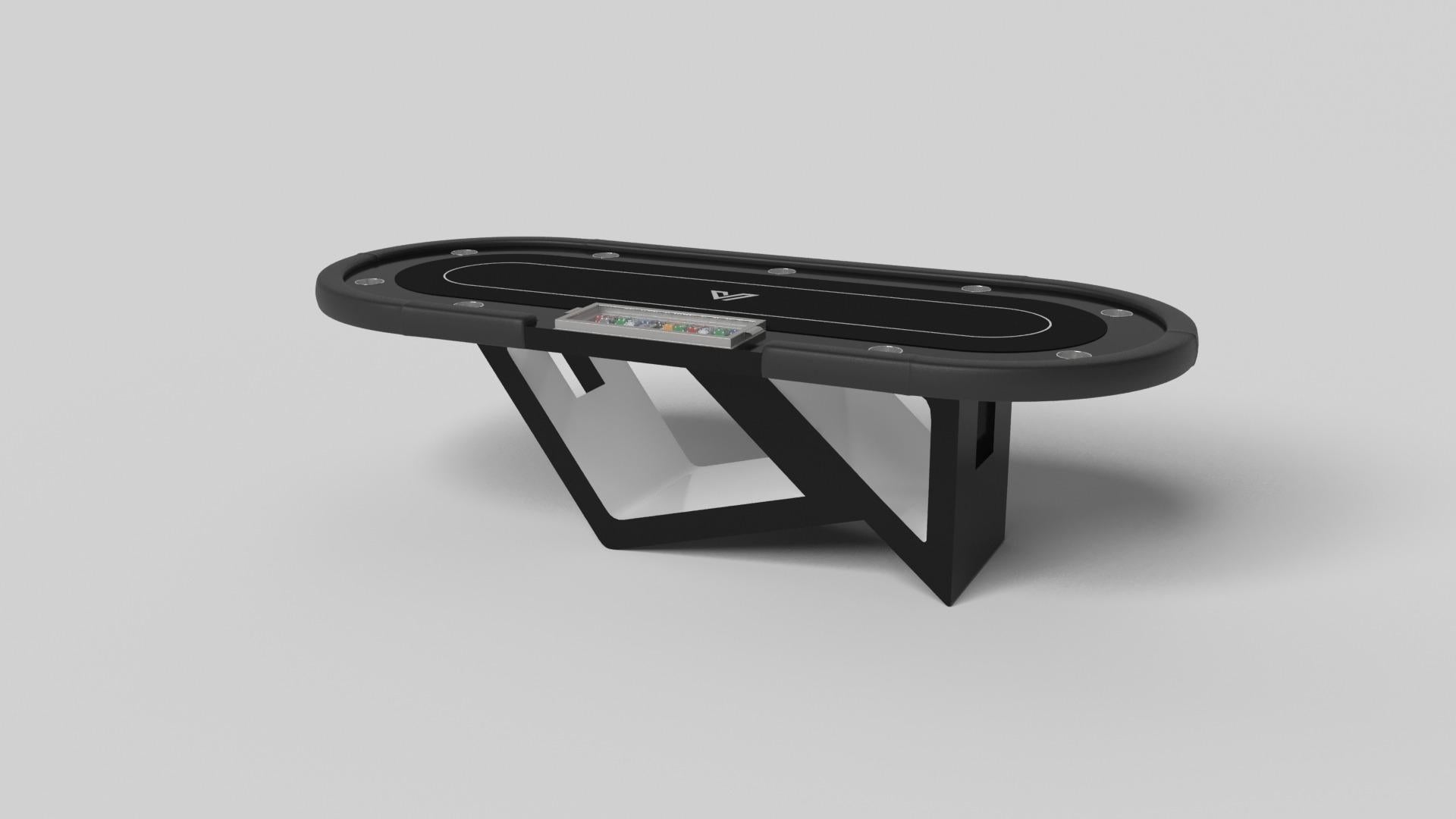 Drawing inspiration from the beauty of geometric forms, the Rumba poker table in brushed aluminum is characterized by a series of hollow and solid shapes that form an offset asymmetric base. Accented with a rounded top for professional game play,