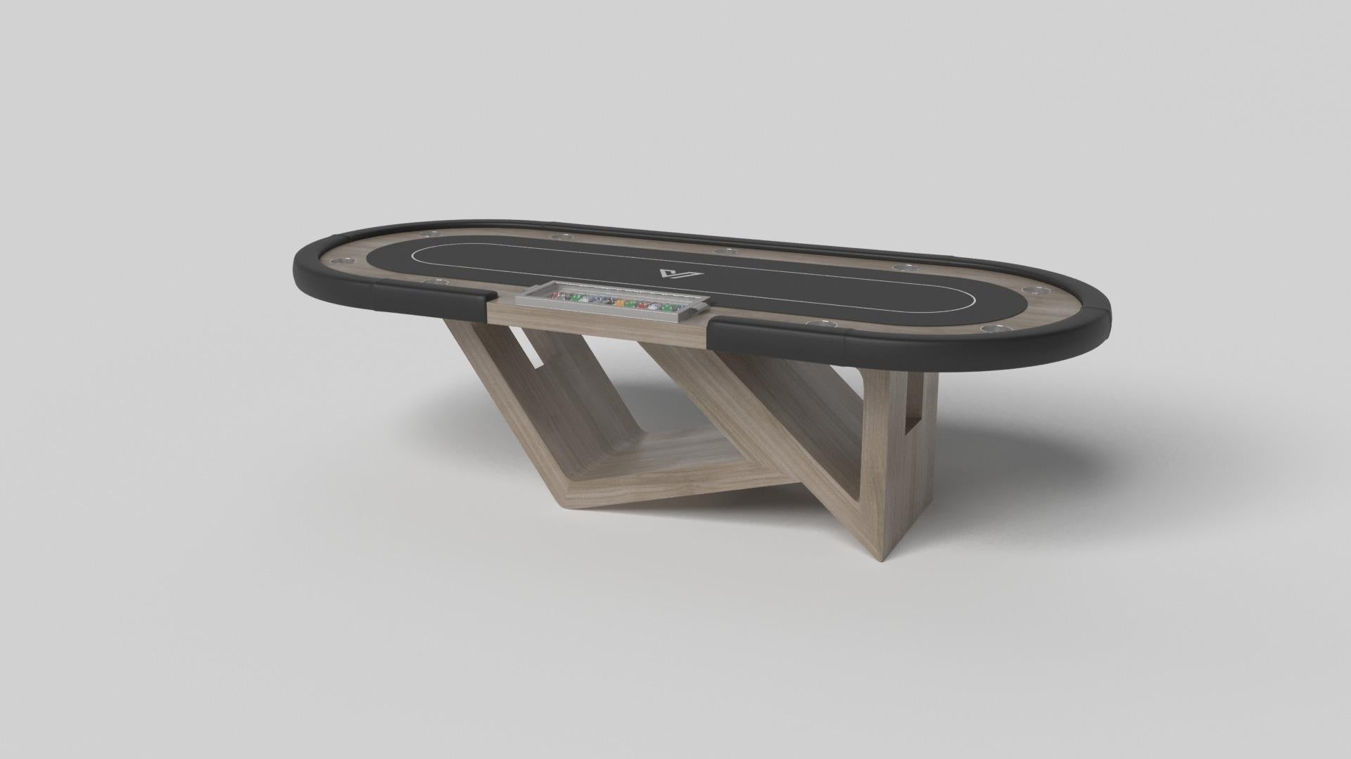 Inspirándose en la belleza de las formas geométricas, la mesa de póquer Rumba de aluminio cepillado se caracteriza por una serie de formas huecas y sólidas que forman una base asimétrica compensada. Acentuada con un tablero redondeado para un juego