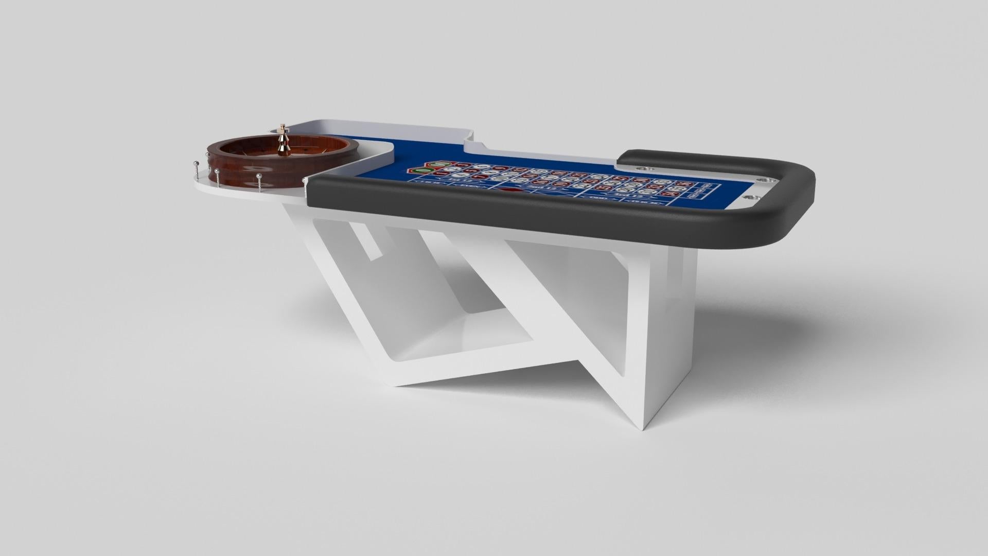 Drawing inspiration from the beauty of geometric forms, the Rumba roulette table in brushed aluminum is characterized by a series of hollow and solid shapes that form an offset asymmetric base. Accented with a roulette wheel and bet blocks for