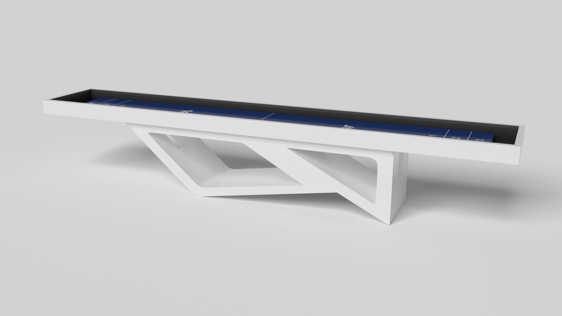 Drawing inspiration from the beauty of geometric forms, the Rumba shuffleboard table in brushed aluminum is characterized by a series of hollow and solid shapes that form an offset asymmetric base. Accented with a smooth professional grade Maple