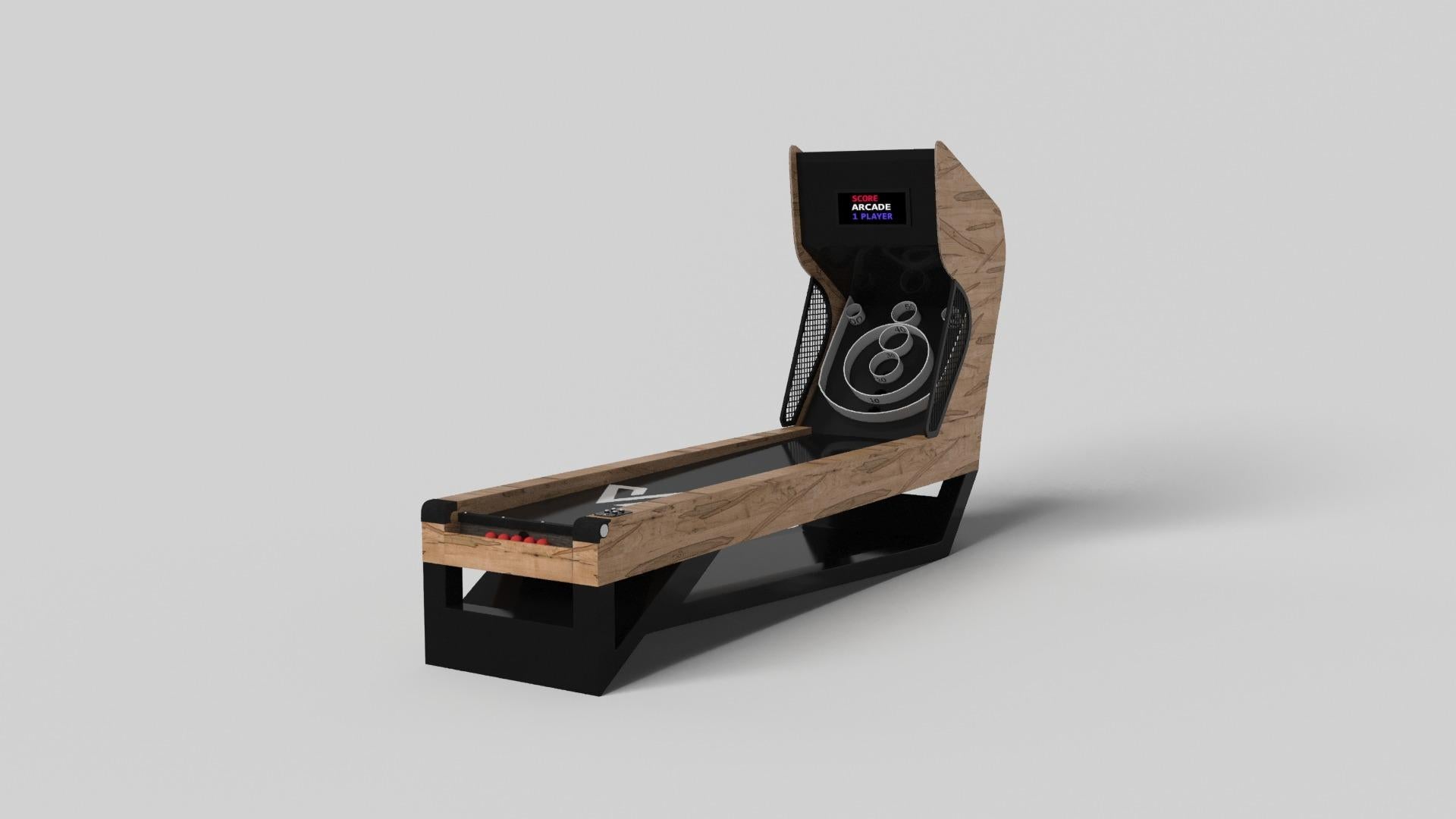 Drawing inspiration from the beauty of geometric forms, the Rumba skeeball game is characterized by a series of hollow and solid shapes that form an offset asymmetric base. Accented with LED lights and sound effects for an authentic arcade