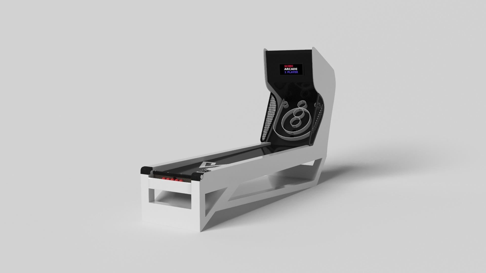 S'inspirant de la beauté des formes géométriques, le jeu de skeeball Rumba se caractérise par une série de formes creuses et solides qui forment une base asymétrique décalée. Agrémenté de lumières LED et d'effets sonores pour une expérience d'arcade