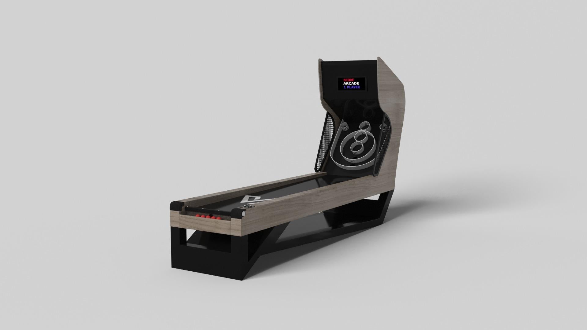 Drawing inspiration from the beauty of geometric forms, the Rumba skeeball game is characterized by a series of hollow and solid shapes that form an offset asymmetric base. Accented with LED lights and sound effects for an authentic arcade