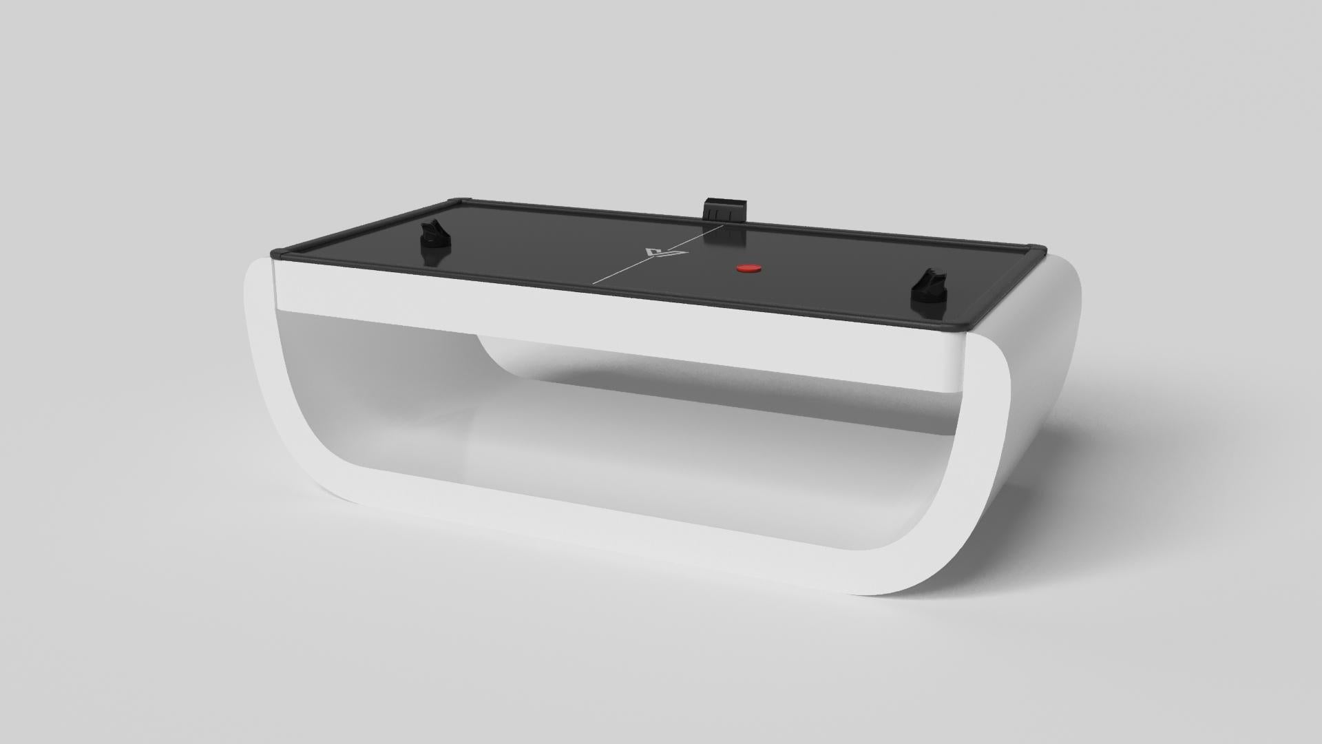 Handcrafted with intricate accents and a precision-carved curved base, the Sid air hockey table in black encompasses a series of smooth edges, distinctive details, and unconventional elements in one unique expression of luxury design. Built by hand