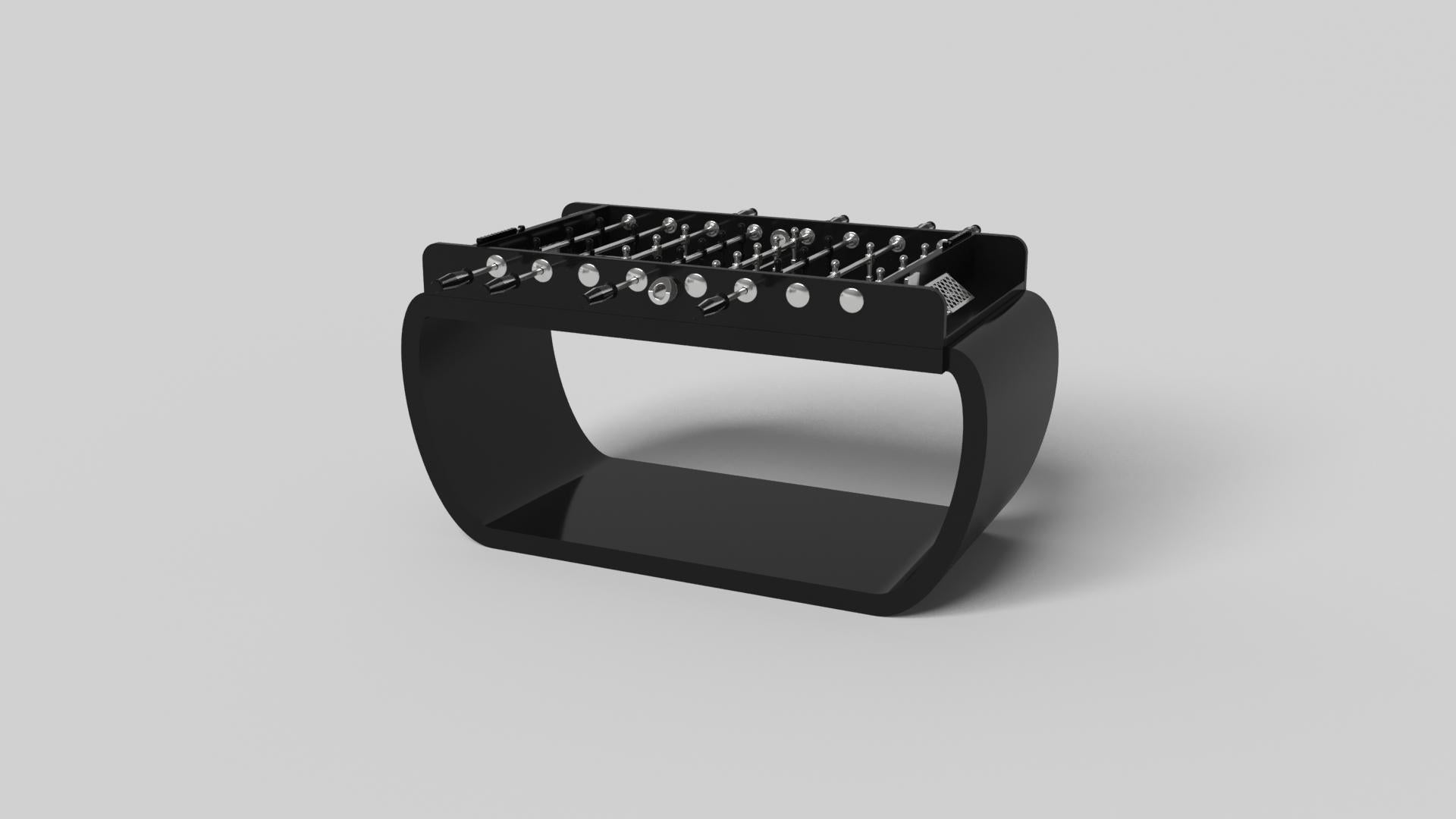 Handcrafted with intricate accents and a precision-carved curved base, the Sid foosball table in black encompasses a series of smooth edges, distinctive details, and unconventional elements in one unique expression of luxury design. Built by hand