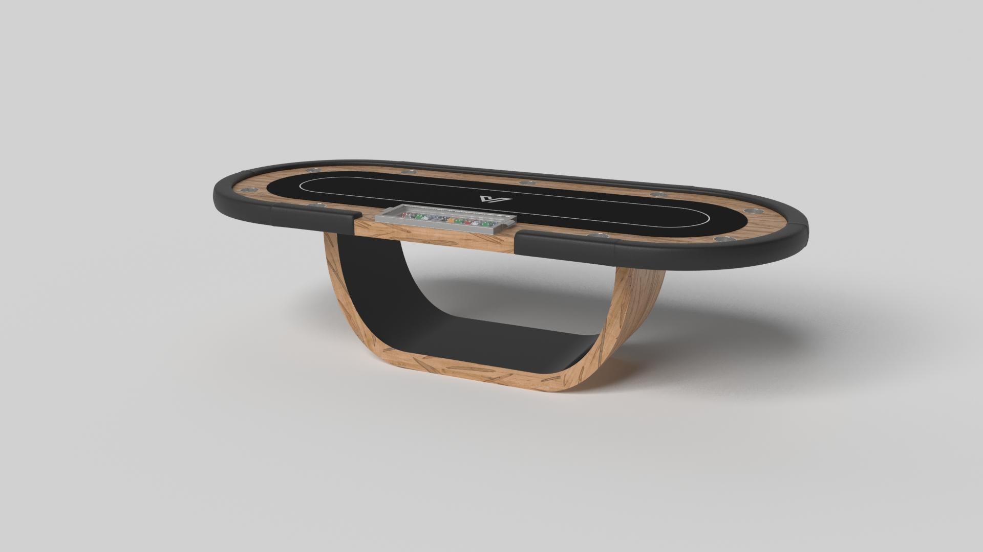 Handcrafted with intricate accents and a precision-carved curved base, the Sid poker table in black encompasses a series of smooth edges, distinctive details, and unconventional elements in one unique expression of luxury design. Built by hand from