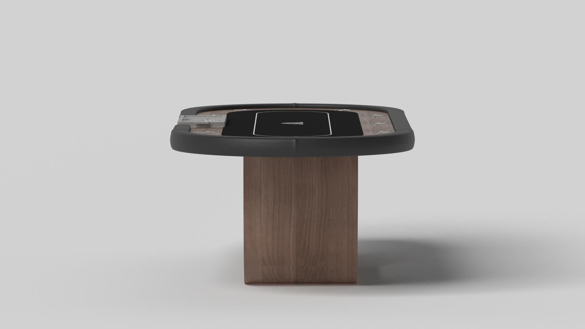 Handcrafted with intricate accents and a precision-carved curved base, the Sid poker table in black encompasses a series of smooth edges, distinctive details, and unconventional elements in one unique expression of luxury design. Built by hand from