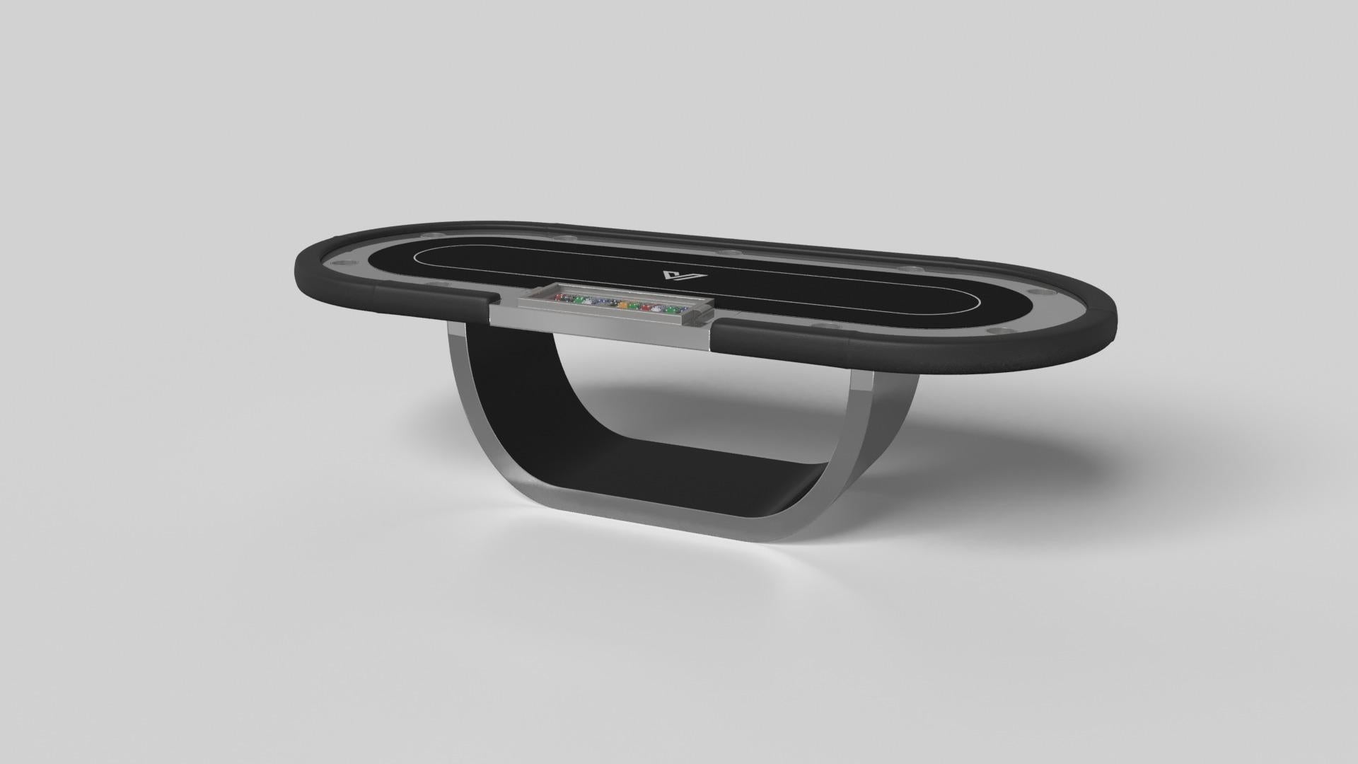 Handcrafted with intricate accents and a precision-carved curved base, the Sid poker table in black encompasses a series of smooth edges, distinctive details, and unconventional elements in one unique expression of luxury design. Built by hand from