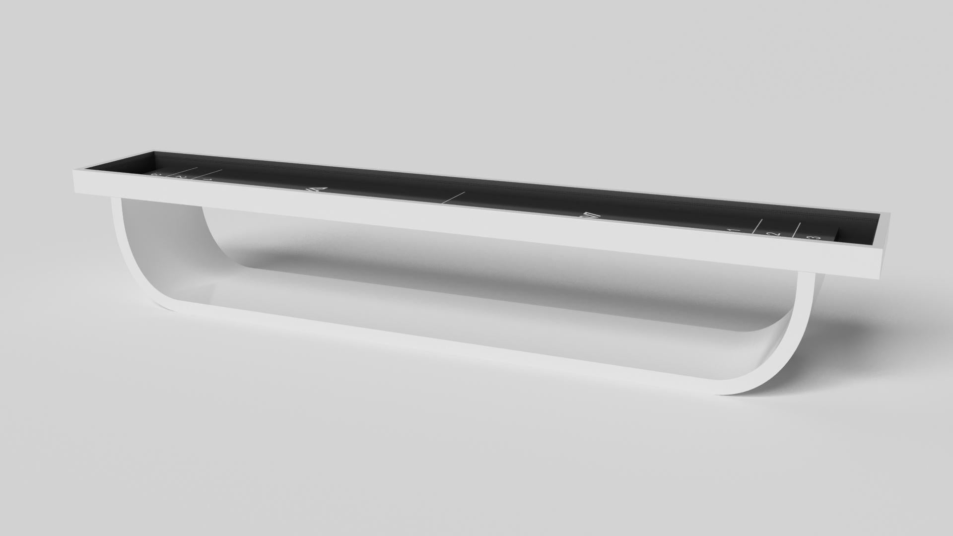Handcrafted with intricate accents and a precision-carved curved base, the Sid shuffleboard table in black encompasses a series of smooth edges, distinctive details, and unconventional elements in one unique expression of luxury design. Built by