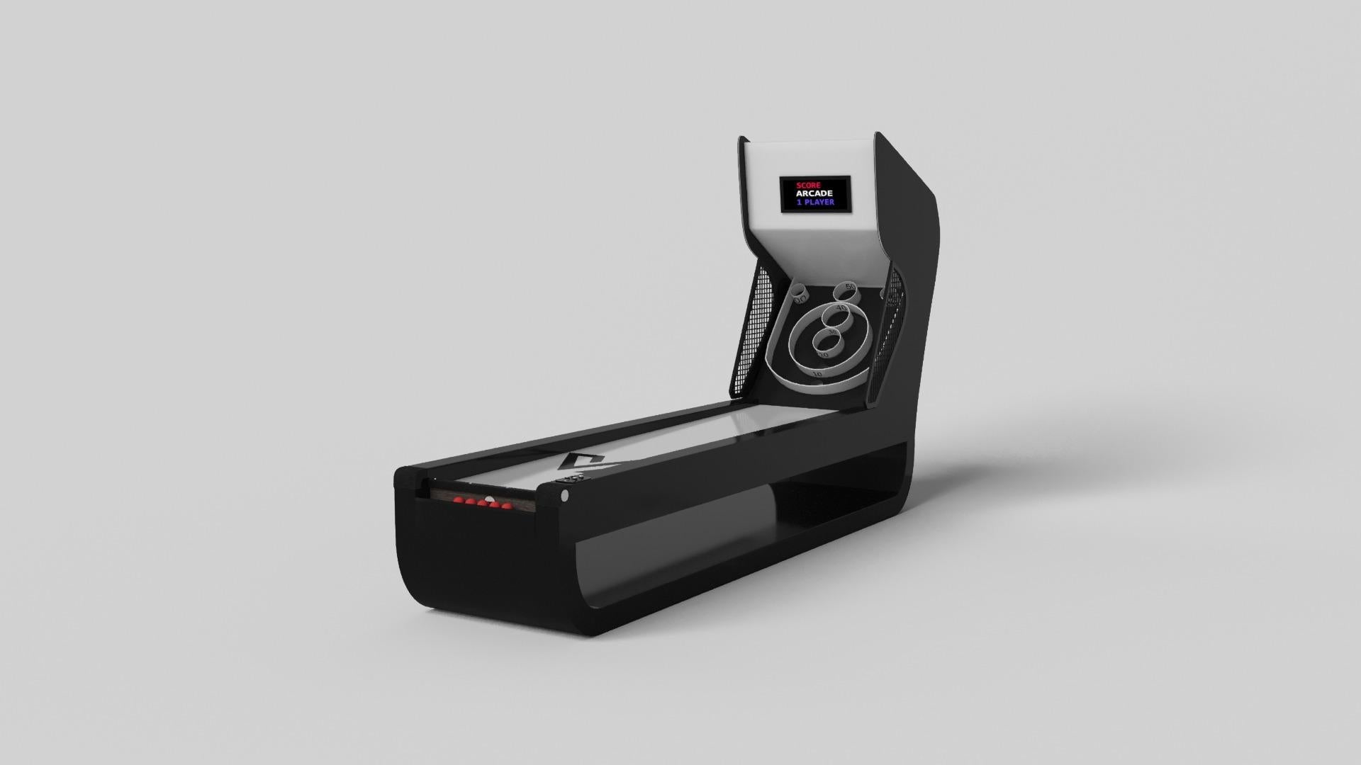 Handcrafted with intricate accents and a precision-carved curved base, the Sid skeeball game encompasses a series of smooth edges, distinctive details, and unconventional elements in one unique expression of luxury design. Built by hand from solid