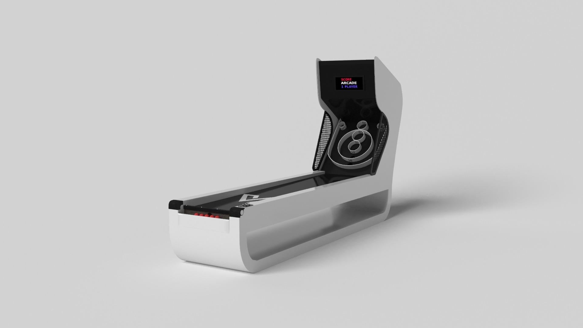 Handcrafted with intricate accents and a precision-carved curved base, the Sid skeeball game encompasses a series of smooth edges, distinctive details, and unconventional elements in one unique expression of luxury design. Built by hand from solid