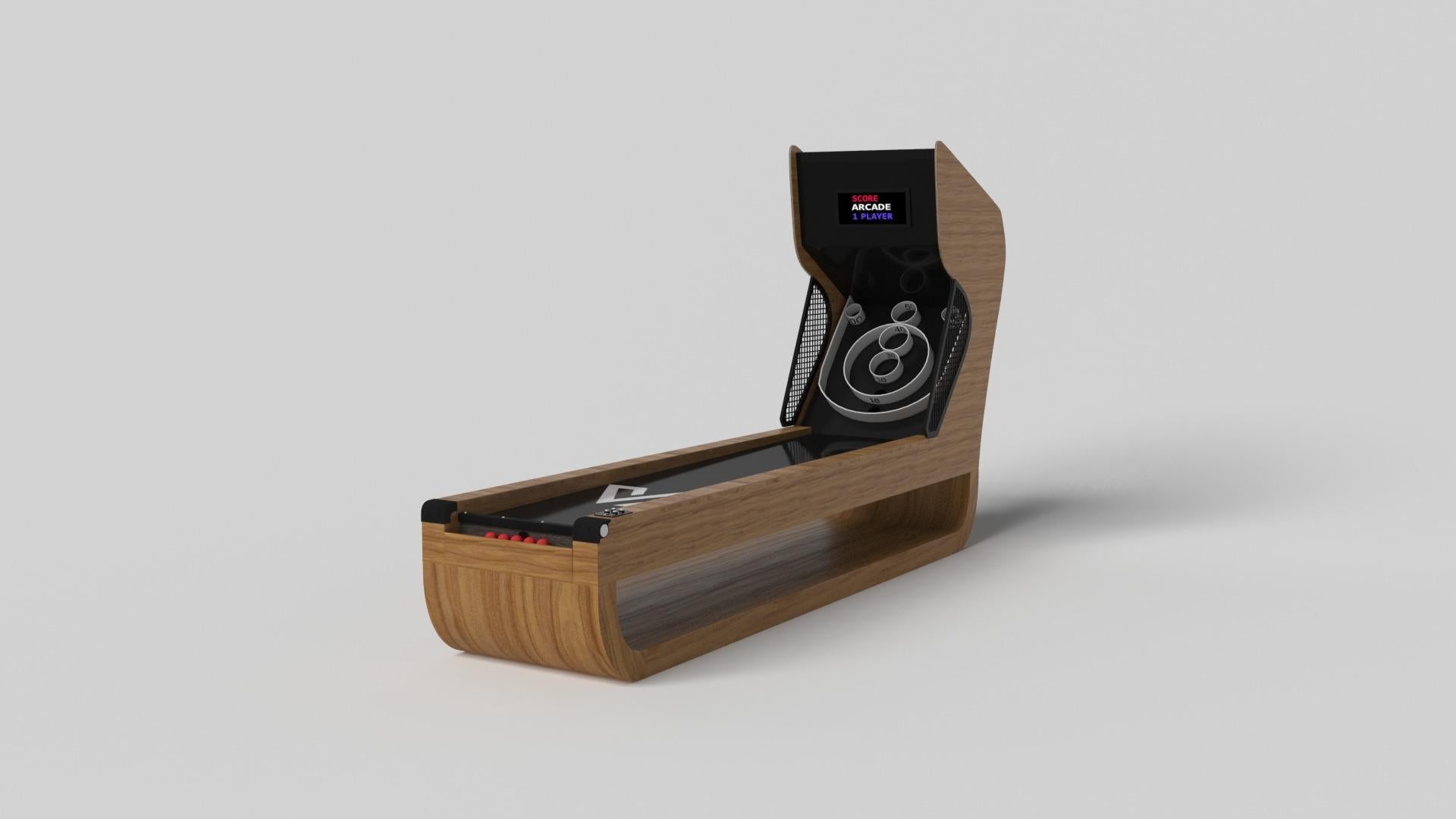 Handcrafted with intricate accents and a precision-carved curved base, the Sid skeeball game encompasses a series of smooth edges, distinctive details, and unconventional elements in one unique expression of luxury design. Built by hand from solid