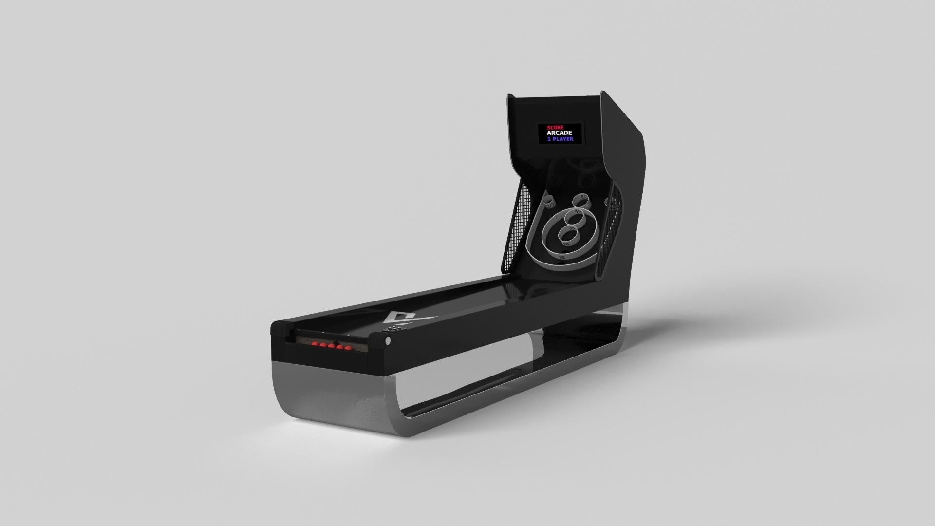 Handcrafted with intricate accents and a precision-carved curved base, the Sid skeeball game encompasses a series of smooth edges, distinctive details, and unconventional elements in one unique expression of luxury design. Built by hand from solid