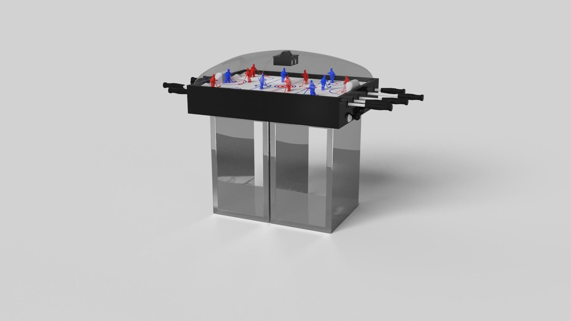 Supported by two rectangular open pedestals as the base, this handcrafted bubble hockey table is modern and minimalistic with its combination of simple, geometric forms. Viewed from the front, the use of negative space is evident; viewed from the
