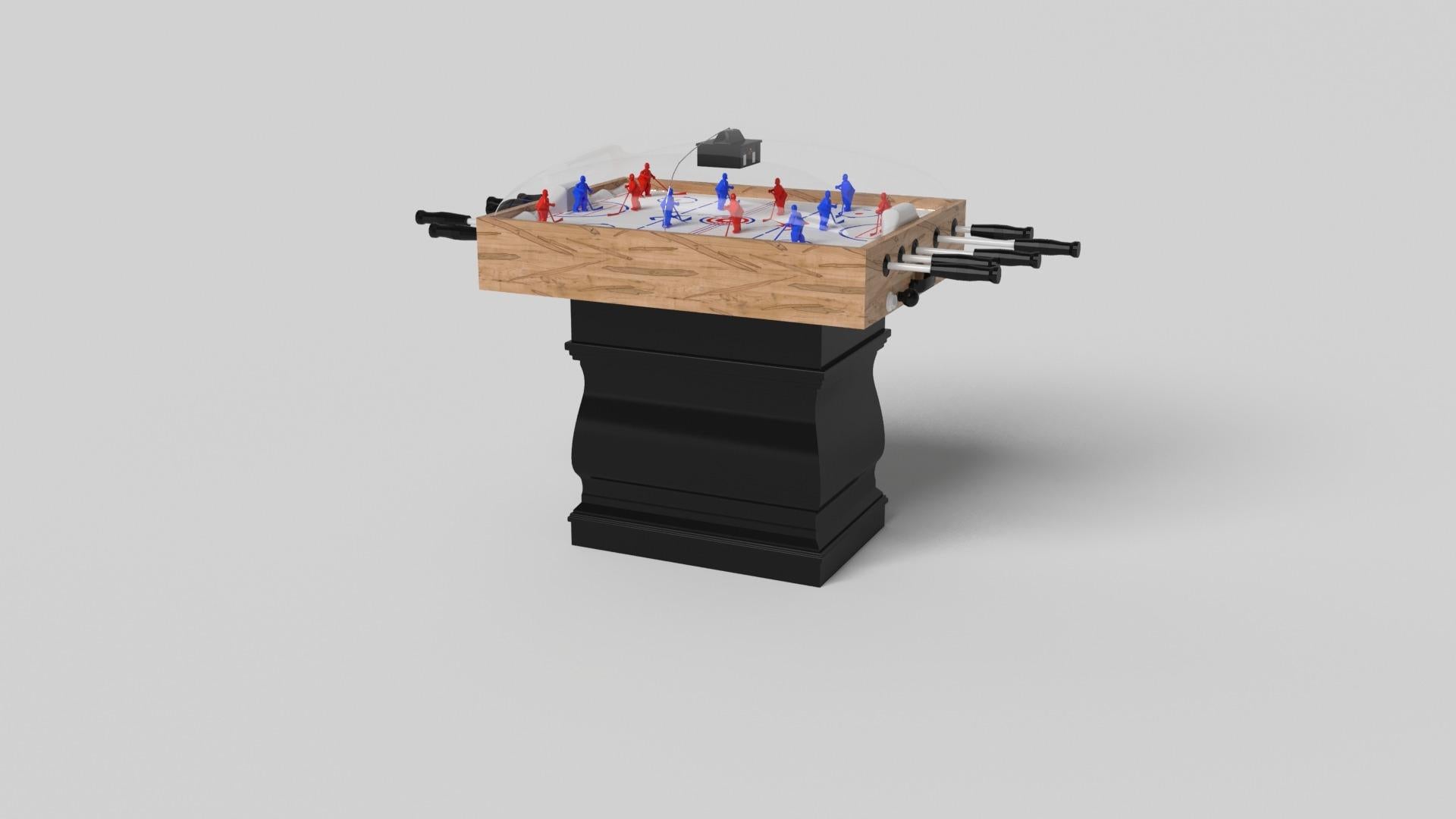 Una sola pata esculpida a mano confiere un sentido de estilo clásico a esta mesa de hockey de cúpula hecha a mano en blanco. Esta lujosa mesa de juego de madera tiene un tablero rectangular liso sobre dos anchas patas de balaustre que imitan las