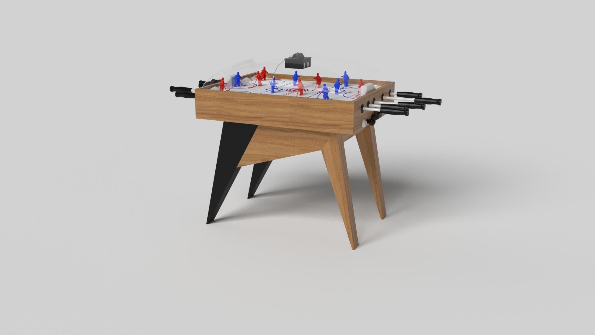 Simple yet sophisticated, the Mantis dome hockey table puts a fresh, modern spin on a classic four-legged design. Sharp angles and tapered legs provide sleek stability, while contrast color accents add an air of exuberance and an energetic