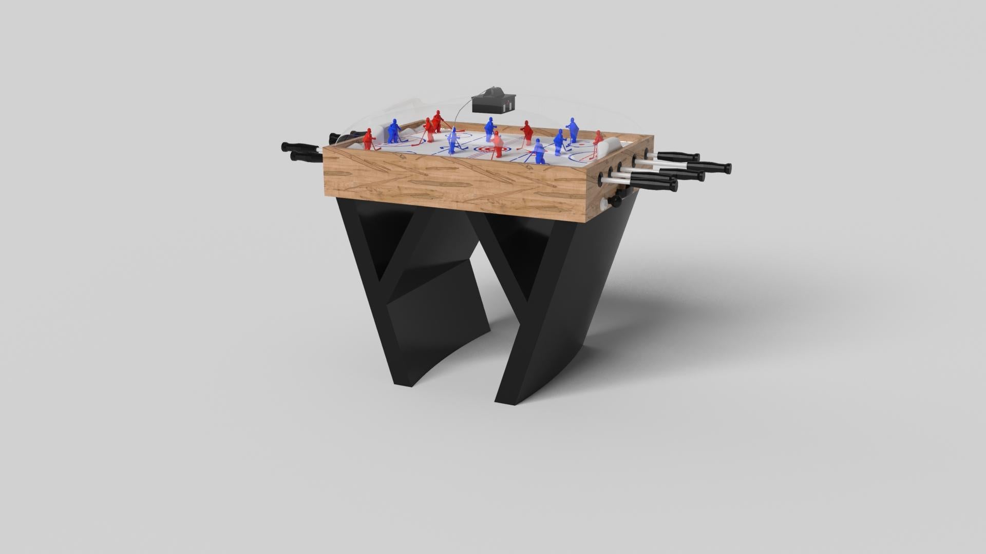 Combinant angles aigus, lignes douces et configurations géométriques, la table de hockey Maze dome en noyer se caractérise par une base inspirée d'un labyrinthe au motif mystificateur. Magnifiquement détaillée avec un plateau noir lisse pour le jeu,