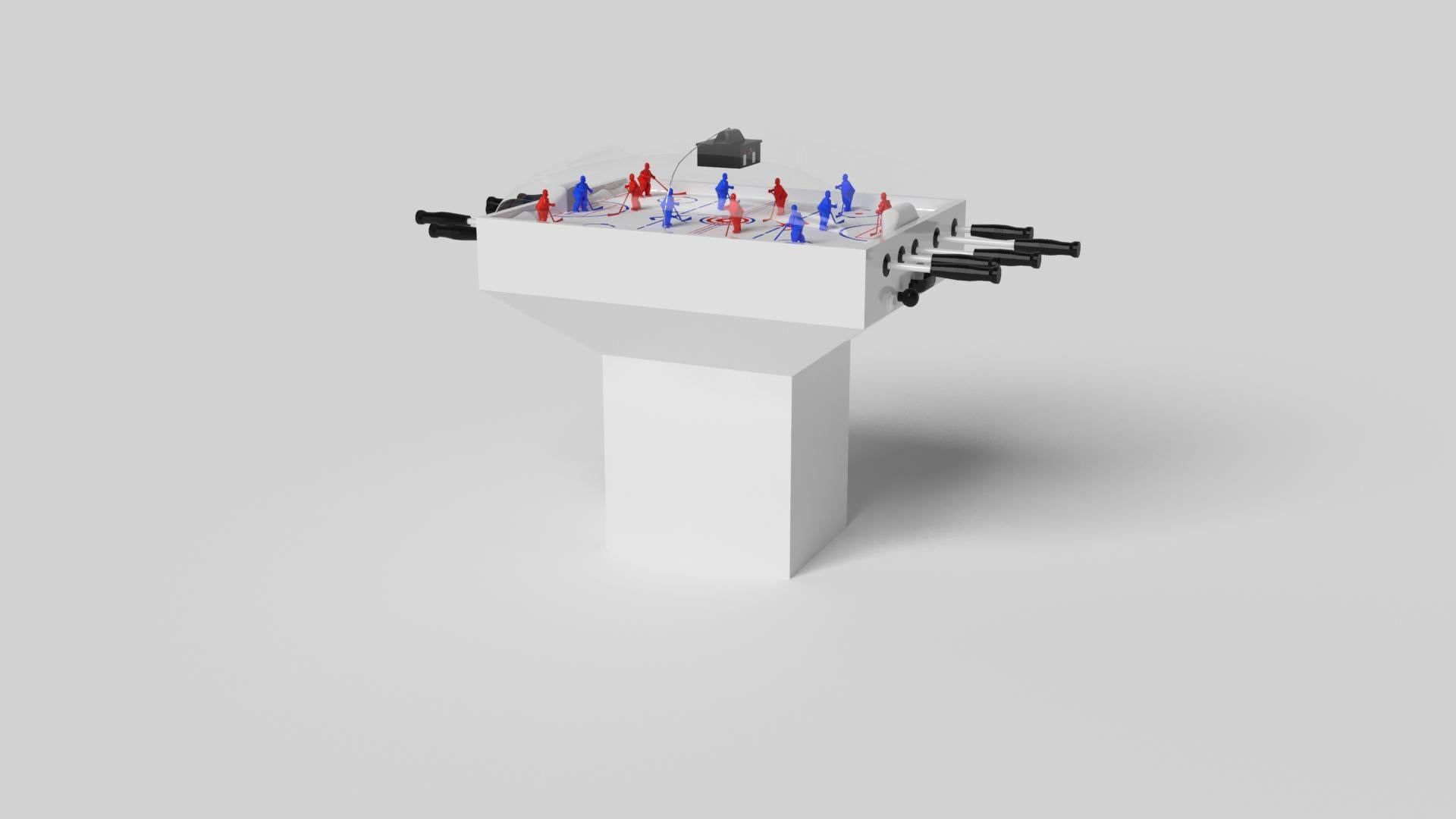 Minimalistisches Design trifft auf opulente Eleganz beim Trestle Kuppel-Hockeytisch. Dieser moderne Tisch ist mit einer professionellen Oberfläche für endloses Spiel ausgestattet und wurde fachmännisch hergestellt. Die quadratischen Blockbeine
