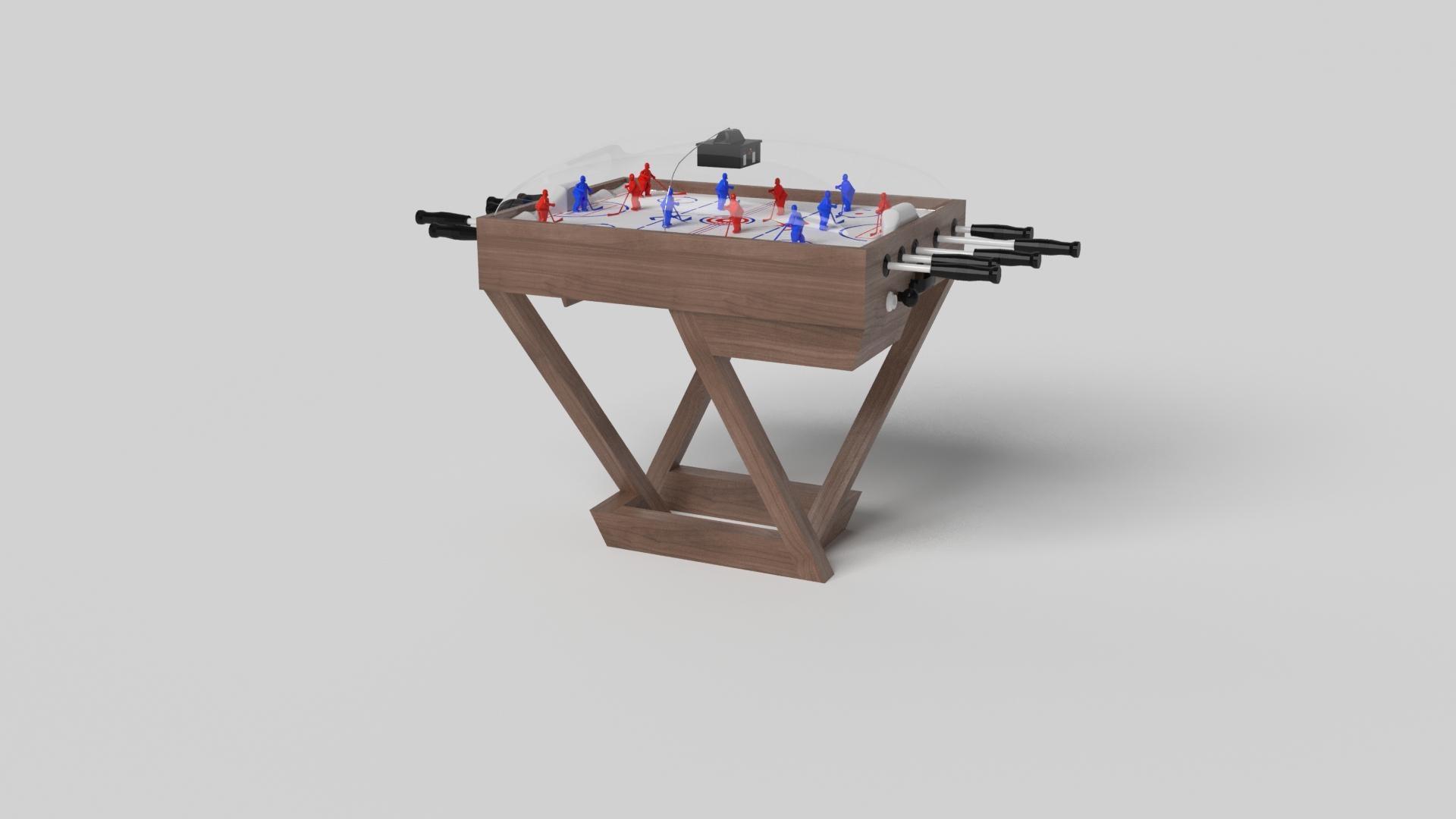 Una composición contemporánea de líneas limpias y bordes elegantes, la mesa de hockey Trinity de cúpula en cromo negro con detalles rojos es una elegante expresión de diseño moderno. Hecha a mano con madera de arce natural, esta mesa ofrece un