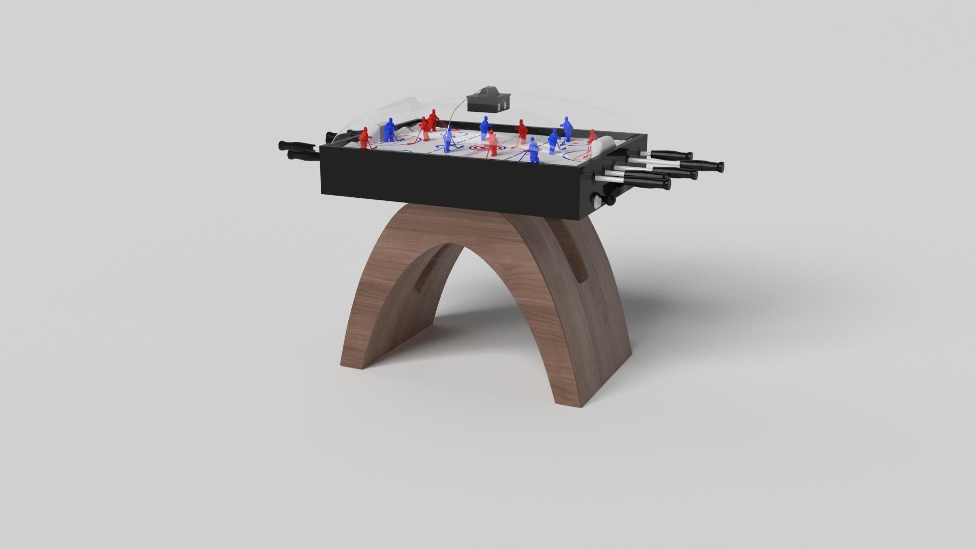 An open, arched base balances beautifully against the hard edges of the rectangular surface top, making the Zenith table tennis table in black and red a striking juxtaposition of modern, geometric forms. Minimalist in its appeal yet luxurious in
