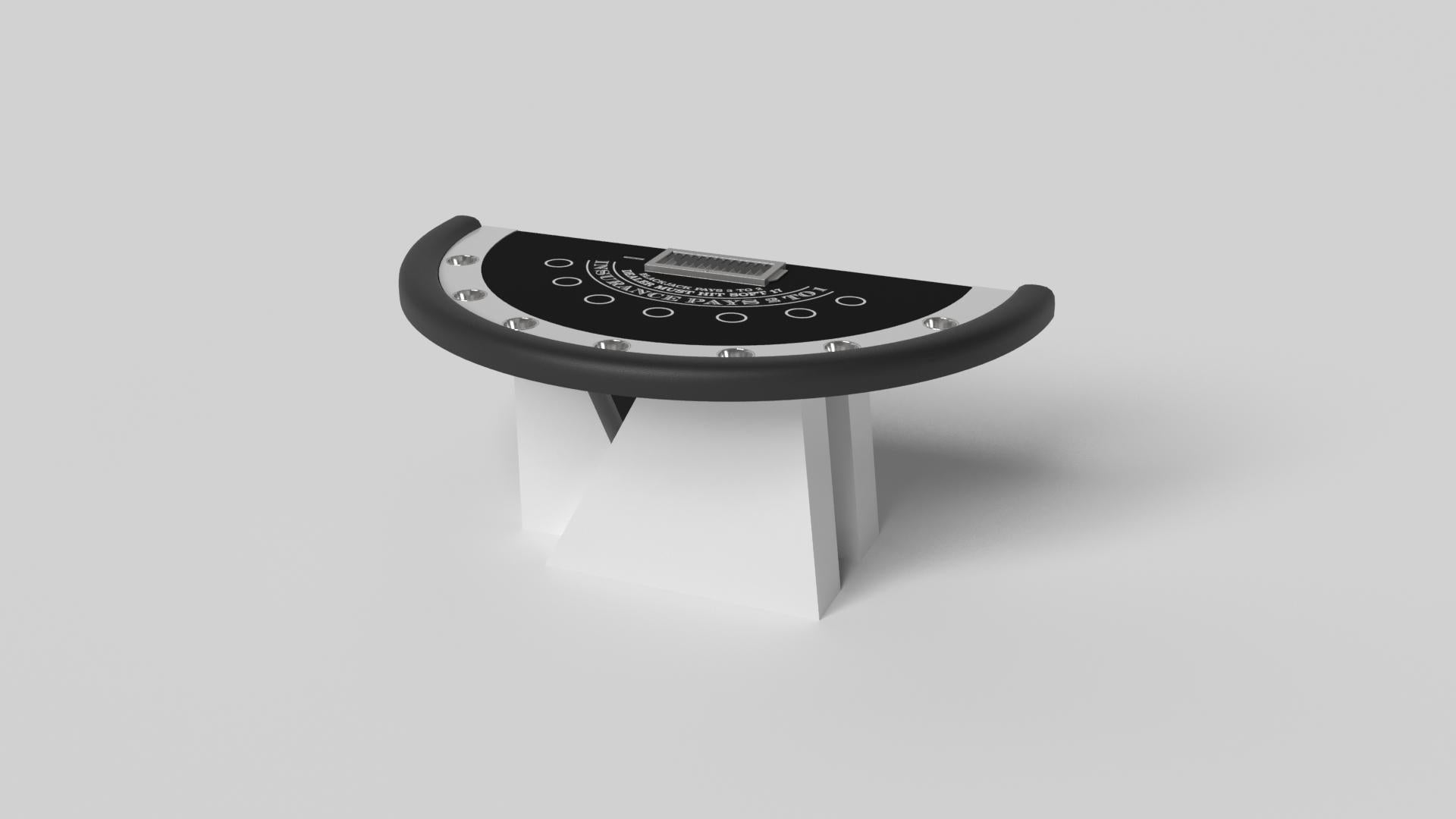 Ein asymmetrischer Sockel erzeugt eine frei schwebende Silhouette, die den Blackjack-Tisch Stilt aus Nussbaumholz zu einer überzeugenden, zeitgenössischen Ergänzung für das moderne Zuhause macht. Dieser luxuriöse, handgefertigte Spieltisch ist mit