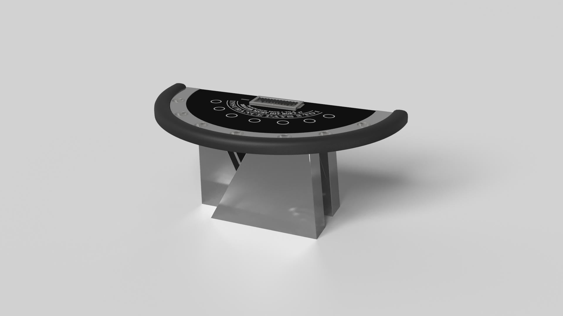 An asymmetric base creates a free-floating silhouette, making the Stilt blackjack table in walnut a compelling, contemporary addition to the modern home. Detailed with a chip rack and betting circles, this luxury handcrafted game table boasts an