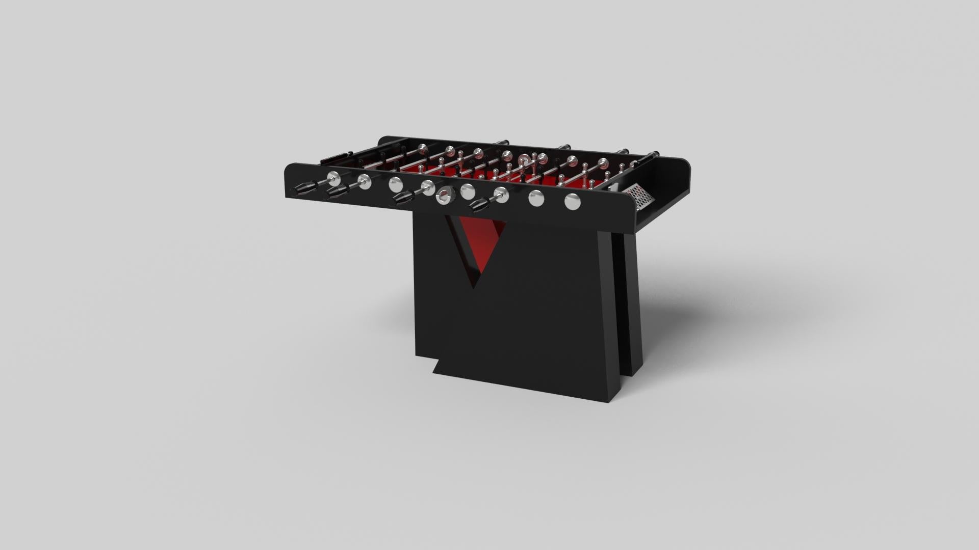An asymmetric base creates a free-floating silhouette, making the Stilt foosball table in chrome with walnut a compelling, contemporary addition to the modern home. Crafted from durable metal with solid walnut wood accents, this luxury handcrafted