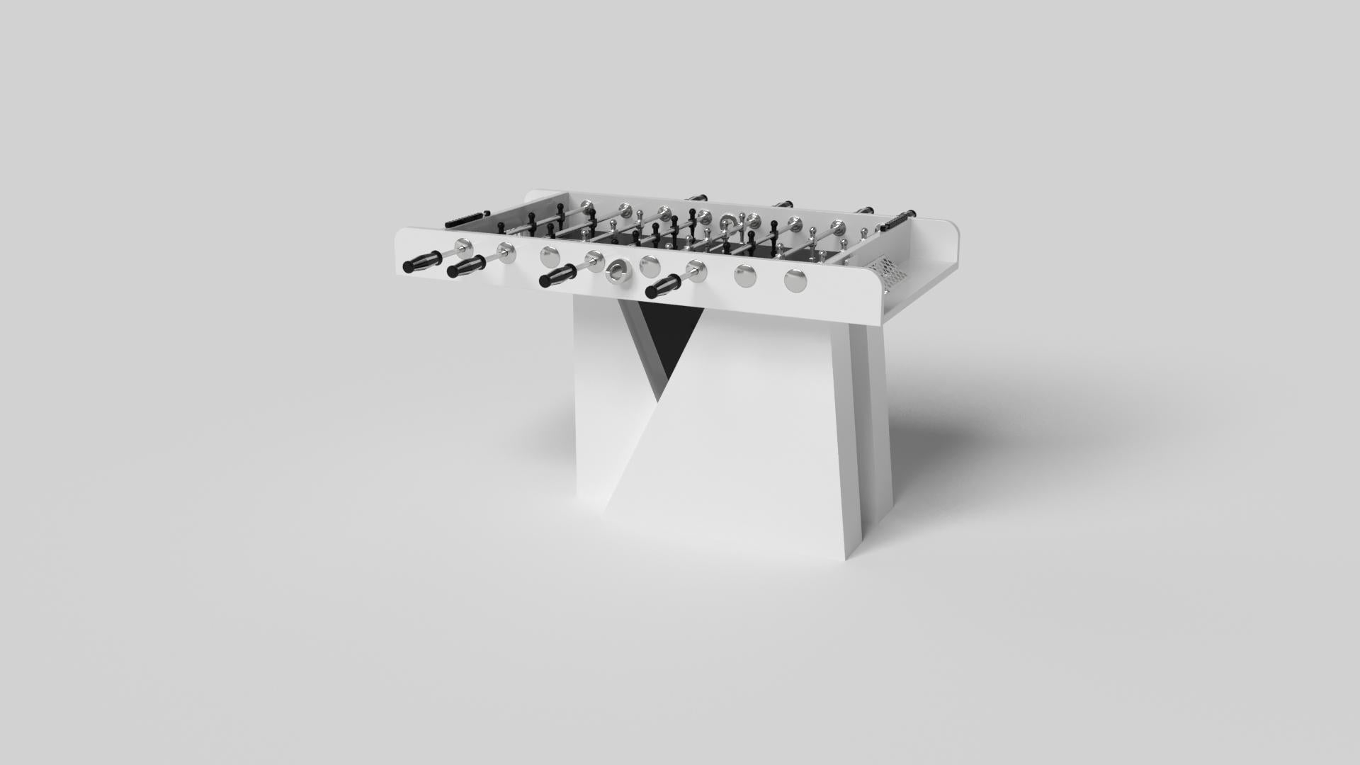 An asymmetric base creates a free-floating silhouette, making the Stilt foosball table in chrome with walnut a compelling, contemporary addition to the modern home. Crafted from durable metal with solid walnut wood accents, this luxury handcrafted