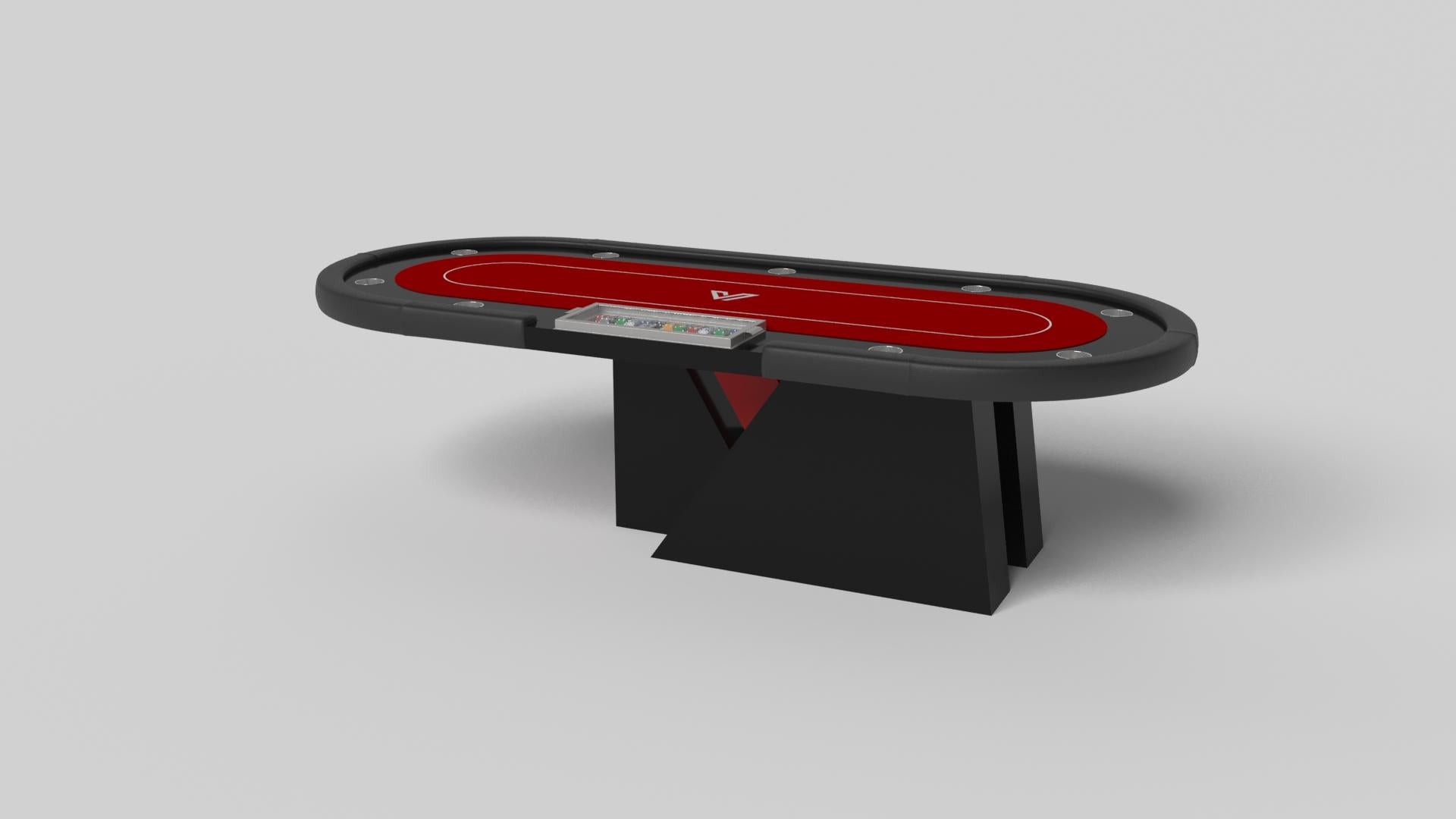 An asymmetric base creates a free-floating silhouette, making the Stilt poker table in chrome with walnut a compelling, contemporary addition to the modern home. Crafted from durable metal with solid walnut wood accents, this luxury handcrafted game