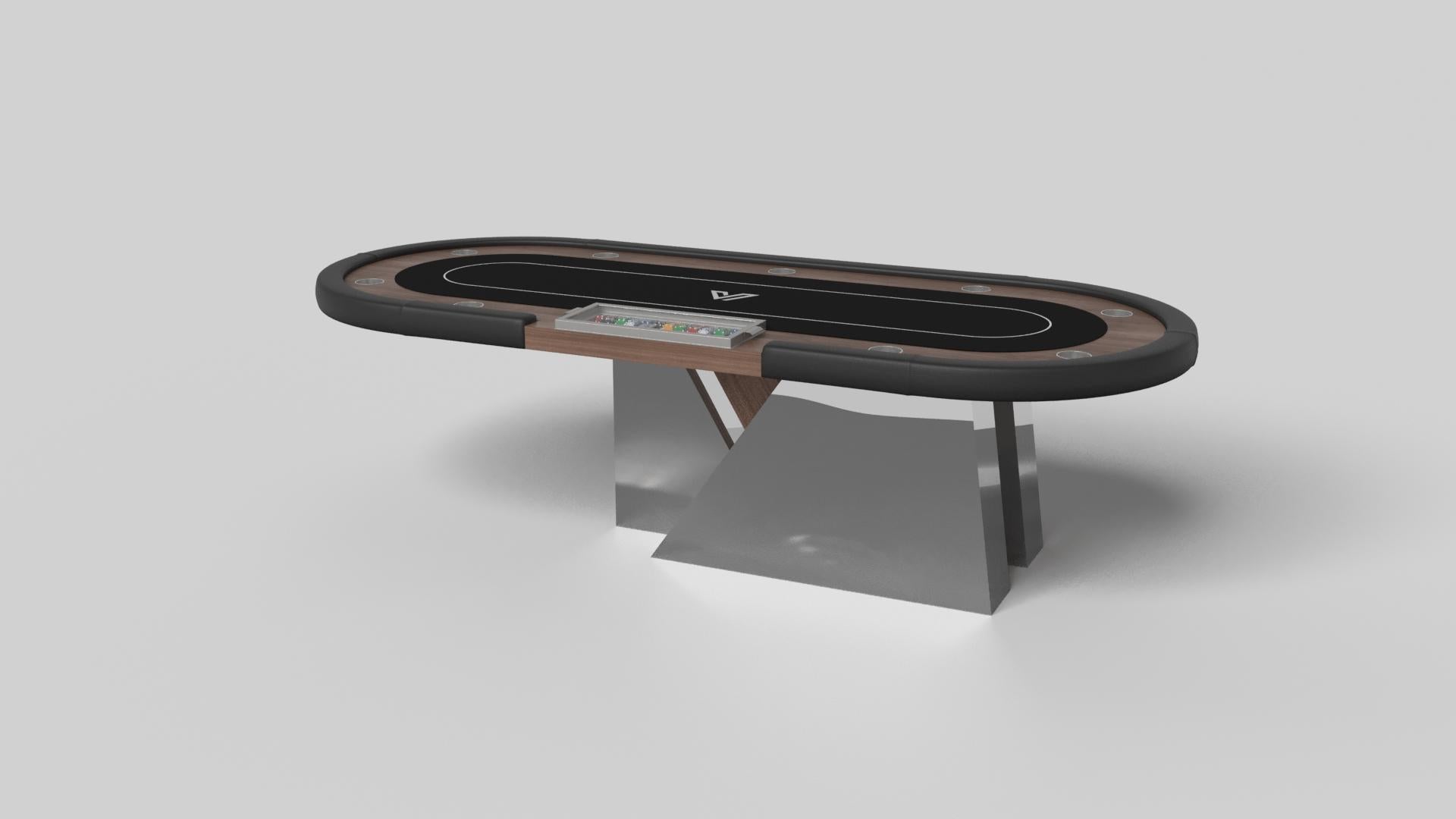 An asymmetric base creates a free-floating silhouette, making the Stilt poker table in chrome with walnut a compelling, contemporary addition to the modern home. Crafted from durable metal with solid walnut wood accents, this luxury handcrafted game