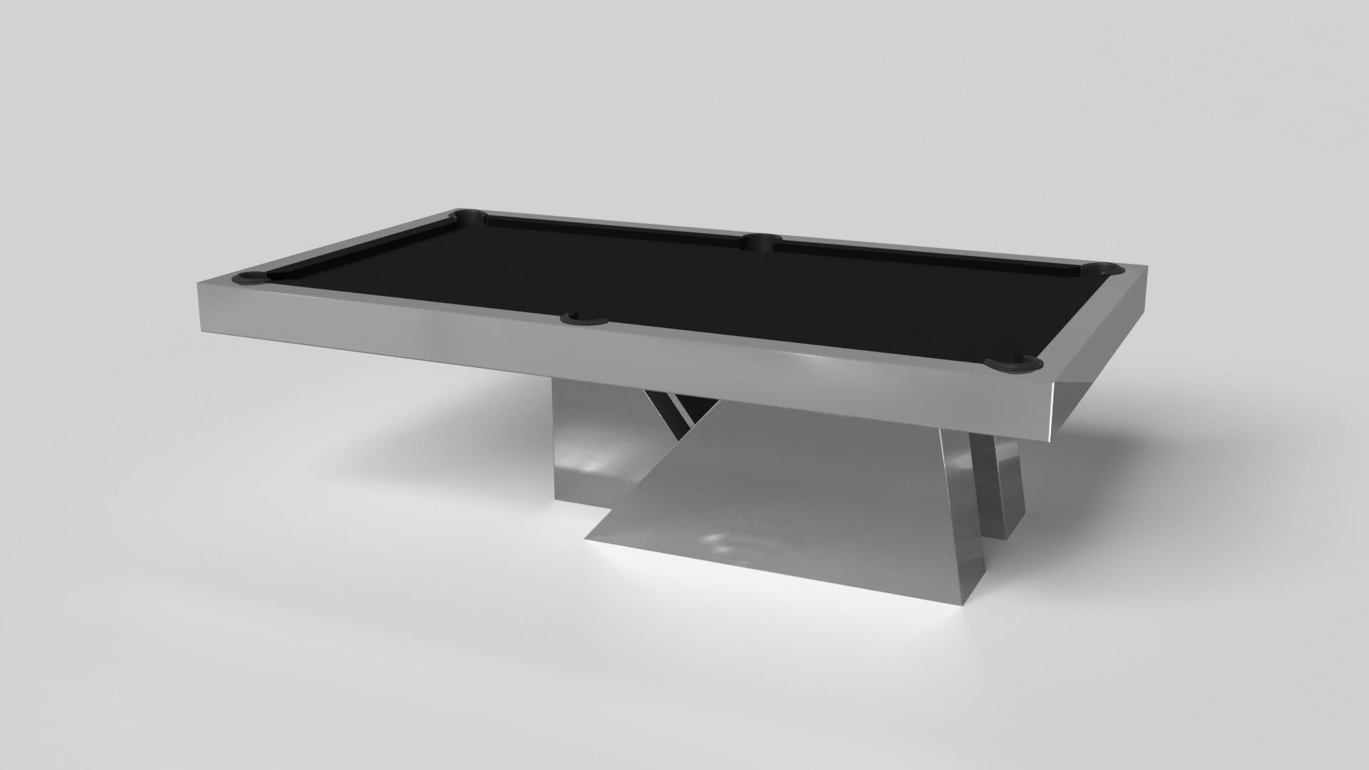 An asymmetric base creates a free-floating silhouette, making the Stilt pool table in chrome with walnut a compelling, contemporary addition to the modern home. Crafted from durable metal with solid walnut wood accents, this luxury handcrafted game