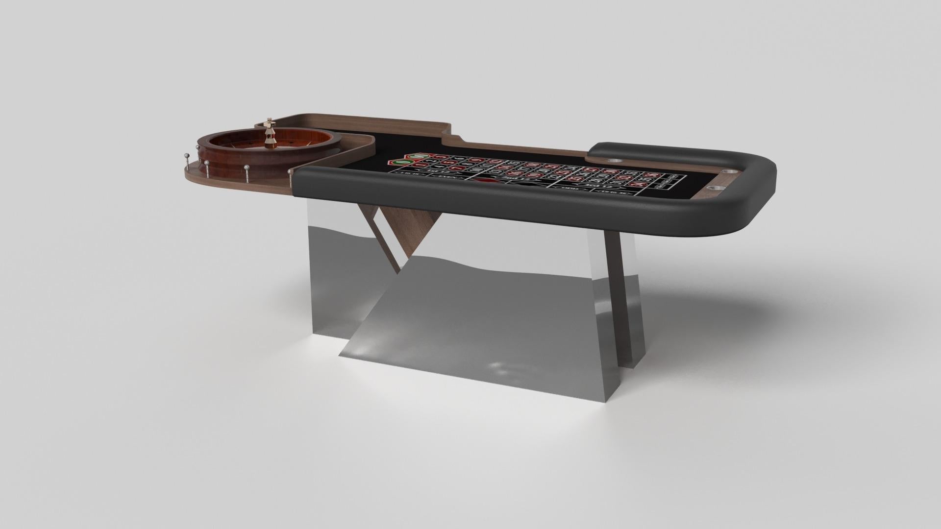 An asymmetric base creates a free-floating silhouette, making the Stilt roulette table in walnut a compelling, contemporary addition to the modern home. Detailed with bet blocks and an American wheel, this luxury handcrafted game table boasts an