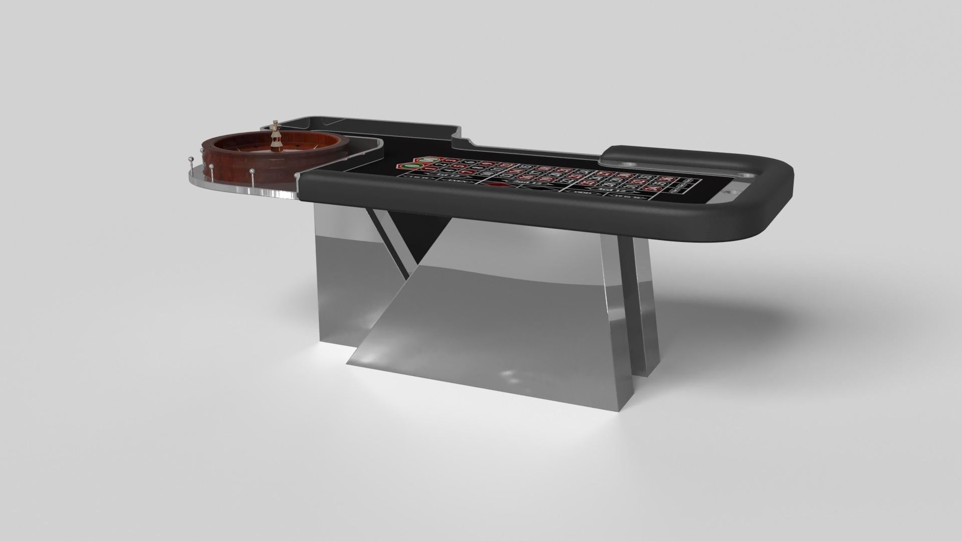 Una base asimétrica crea una silueta que flota libremente, haciendo de la mesa de ruleta Stilt en nogal un complemento convincente y contemporáneo para el hogar moderno. Detallada con bloques de apuestas y una rueda americana, esta lujosa mesa de