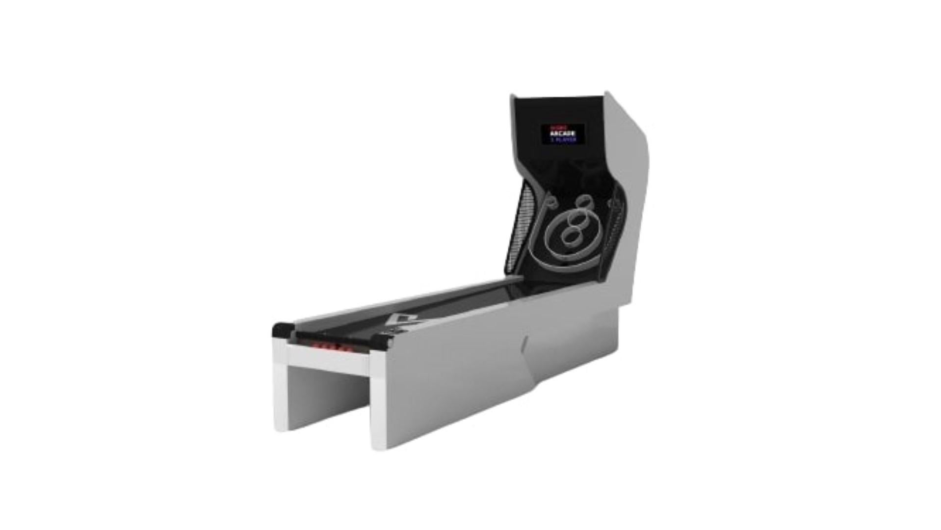 An asymmetric base creates a free-floating silhouette, making the Stilt skeeball game a compelling, contemporary addition to the modern home. Crafted from solid wood, this luxury game boasts an exclusive, thought provoking design with an angled,
