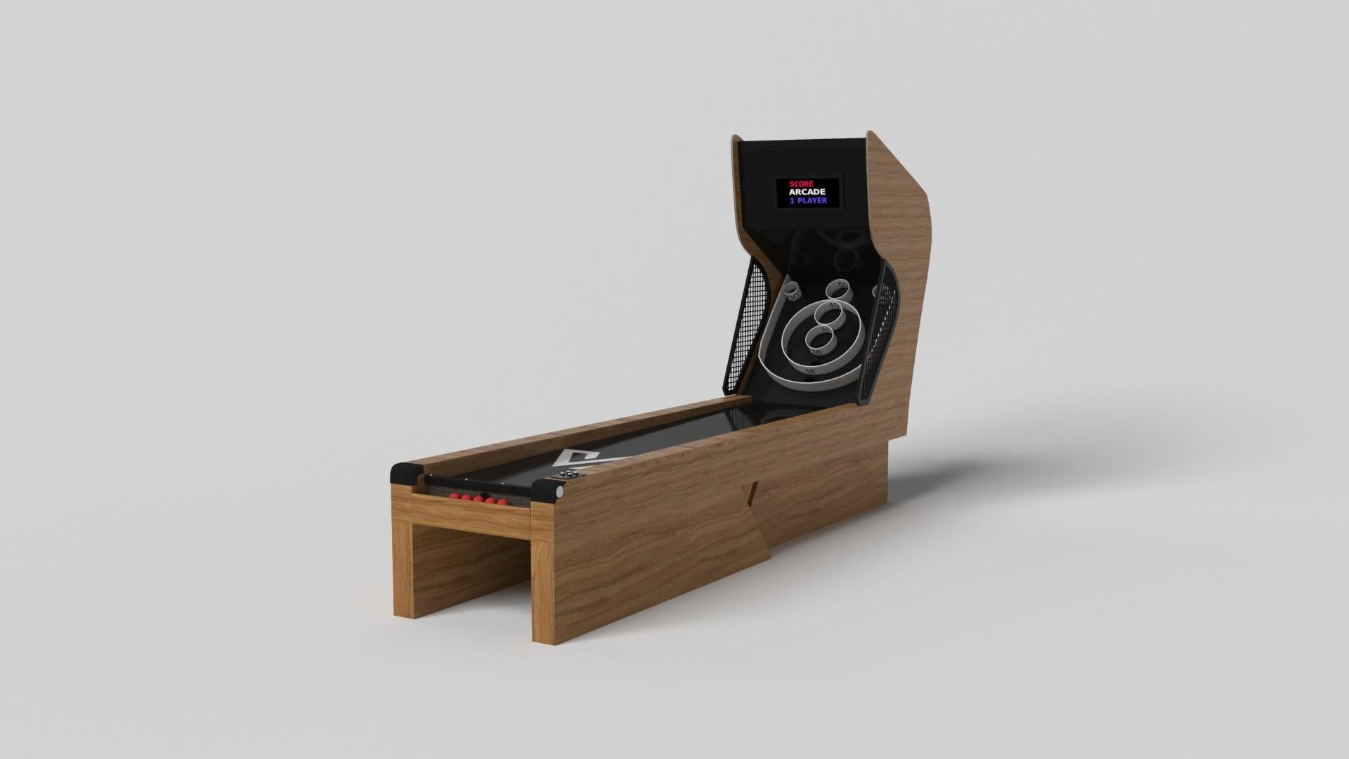 Une base asymétrique crée une silhouette flottante, ce qui fait du jeu de skeeball Stilt un ajout fascinant et contemporain à la maison moderne. Fabriqué en bois massif, ce jeu de luxe arbore un design exclusif et provocateur avec une base inclinée