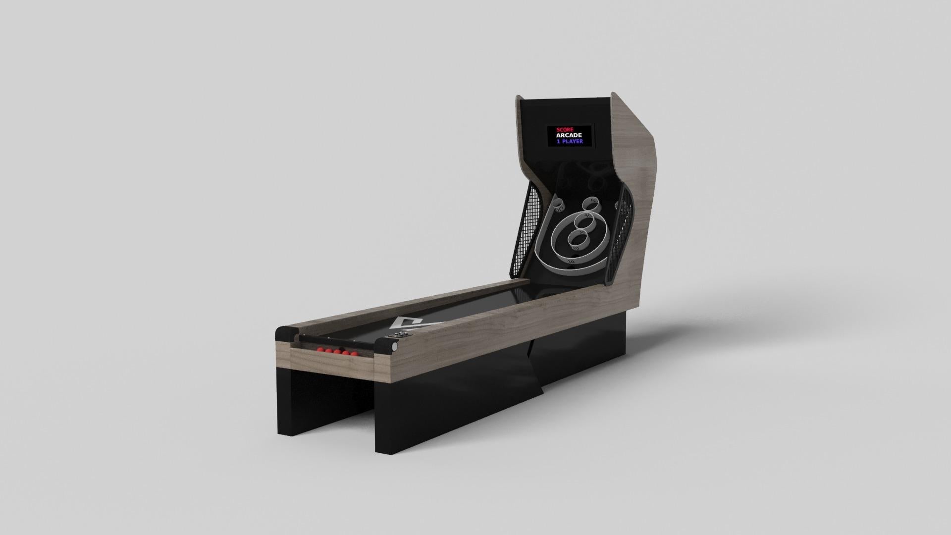 An asymmetric base creates a free-floating silhouette, making the Stilt skeeball game a compelling, contemporary addition to the modern home. Crafted from solid wood, this luxury game boasts an exclusive, thought provoking design with an angled,