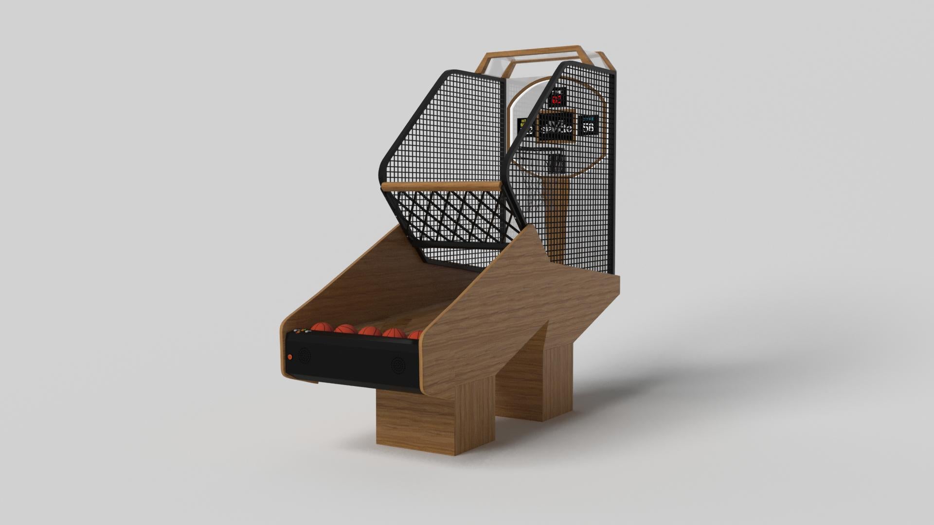 Minimalist design meets opulent elegance in the Trestle basketball game. Detailed with digital components such as sound effects and LED lights, this contemporary game is expertly crafted. Square block legs give it a stark, geometric look that