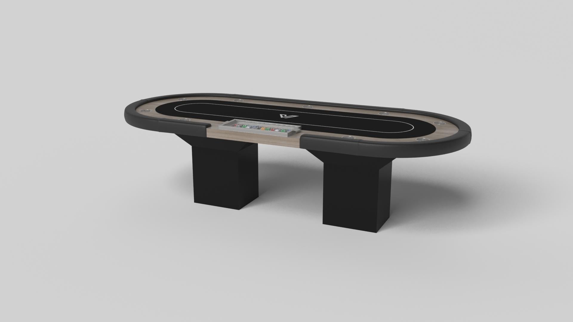 Minimalist design meets opulent elegance in the Trestle poker table. Detailed with a professional surface for endless game play, this contemporary table is expertly crafted. Square block legs give it a stark, geometric look that contributes to its