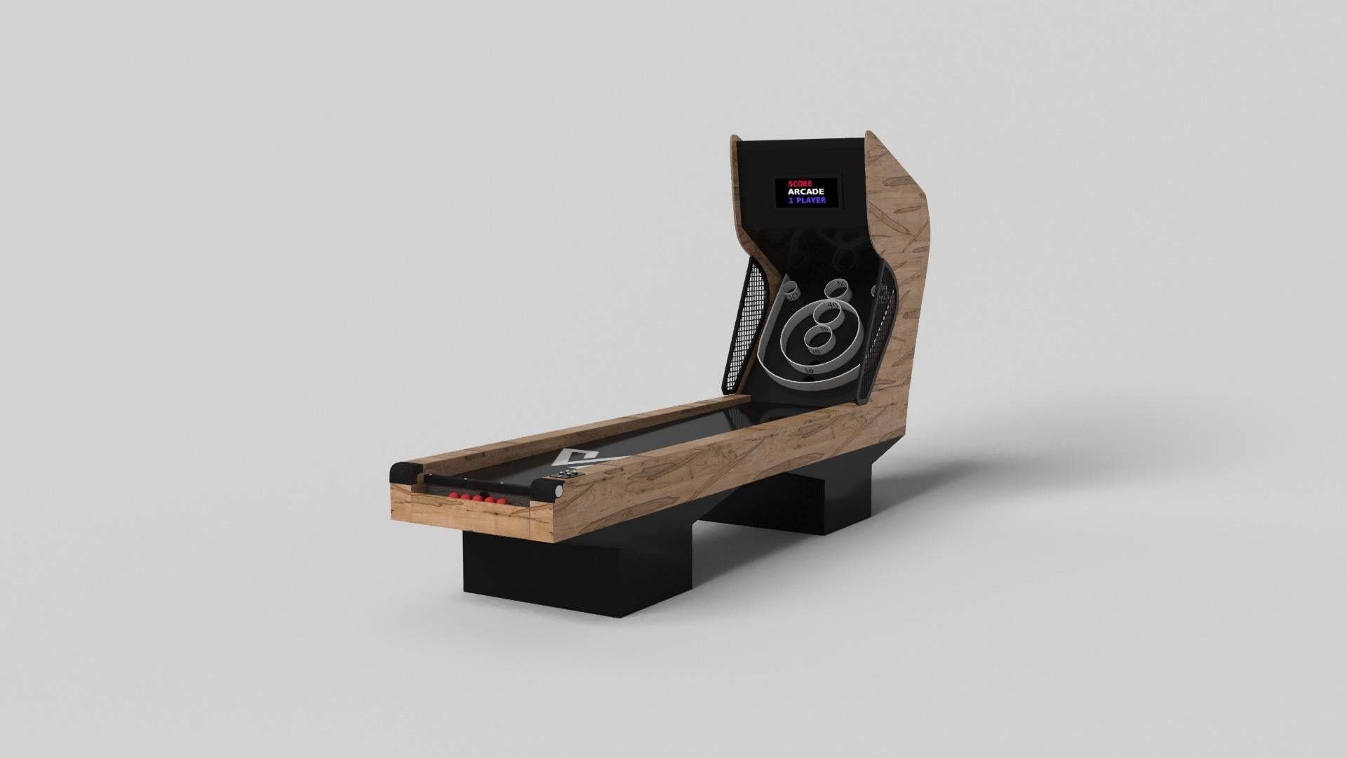 Minimalist design meets opulent elegance in the Trestle skeeball game. Detailed with digital components such as sound effects and LED lights, this contemporary game is expertly crafted. Square block legs give it a stark, geometric look that
