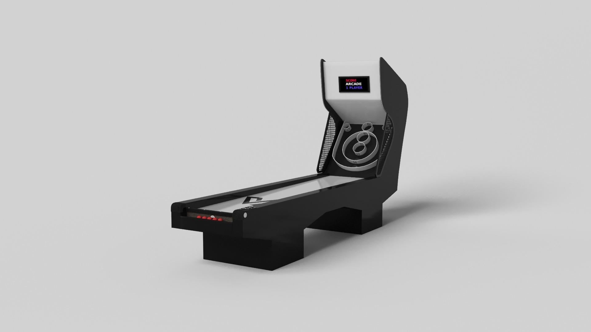 Le design minimaliste rencontre l'élégance opulente dans le jeu de skeeball Trestle. Détaillé avec des composants numériques tels que des effets sonores et des lumières LED, ce jeu contemporain est réalisé de manière experte. Les pieds carrés lui